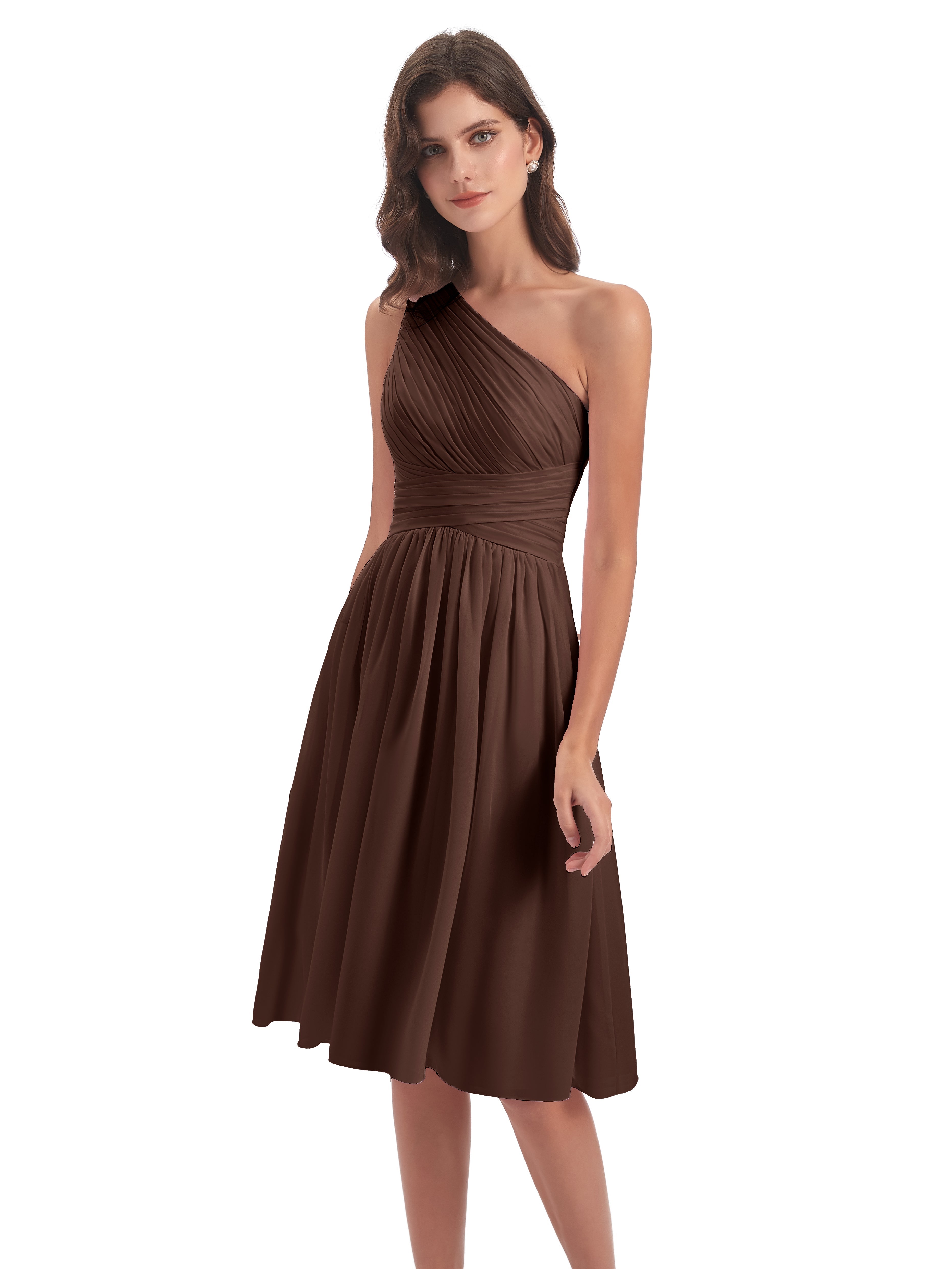 Robe Marron Chocolat Demoiselle D Honneur Seule-Épaule Longueur Genou Mousseline Robes Demoiselle D'Honneur