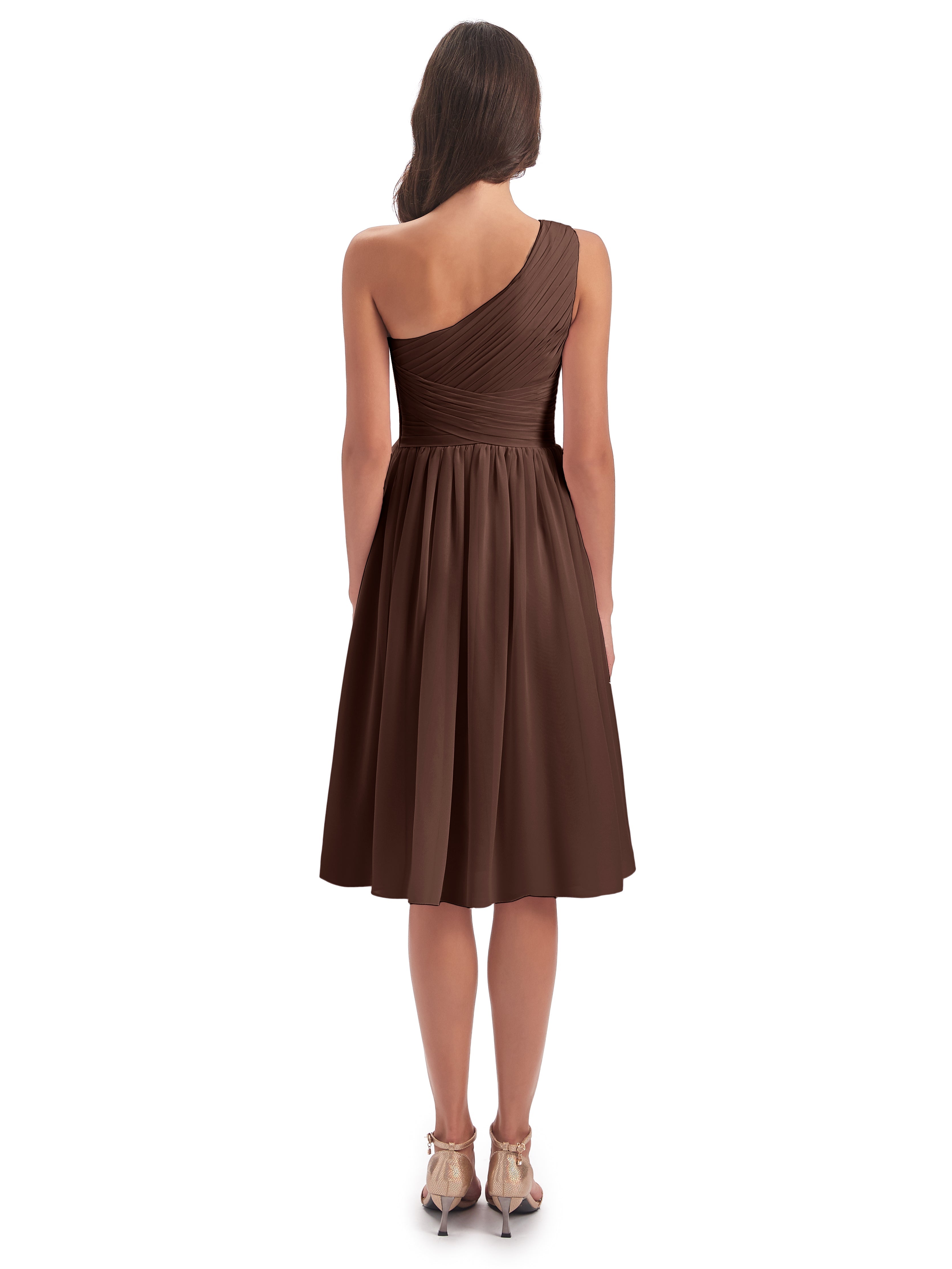 Robe Marron Chocolat Demoiselle D Honneur Seule-Épaule Longueur Genou Mousseline Robes Demoiselle D'Honneur