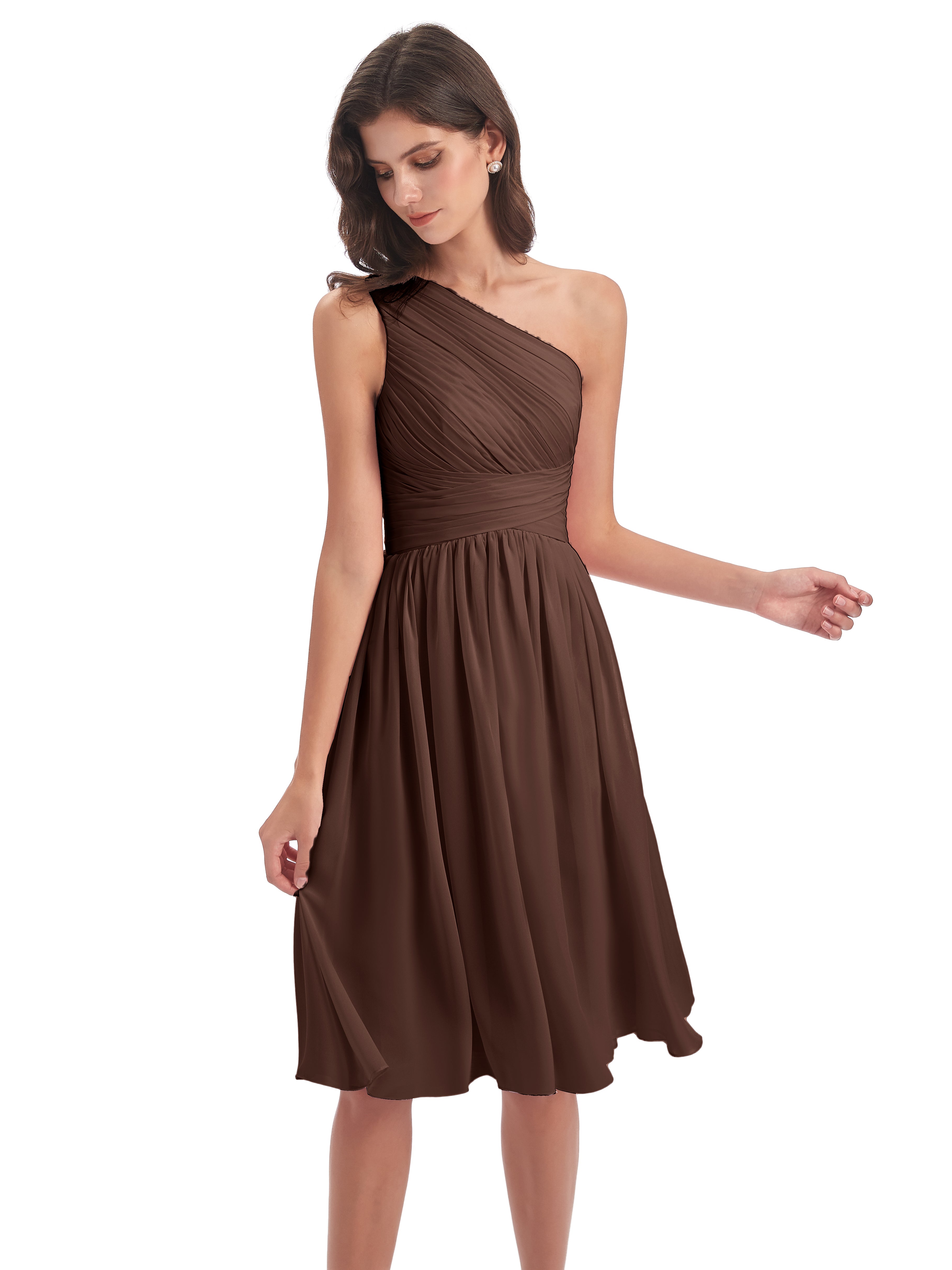 Robe Marron Chocolat Demoiselle D Honneur Seule-Épaule Longueur Genou Mousseline Robes Demoiselle D'Honneur