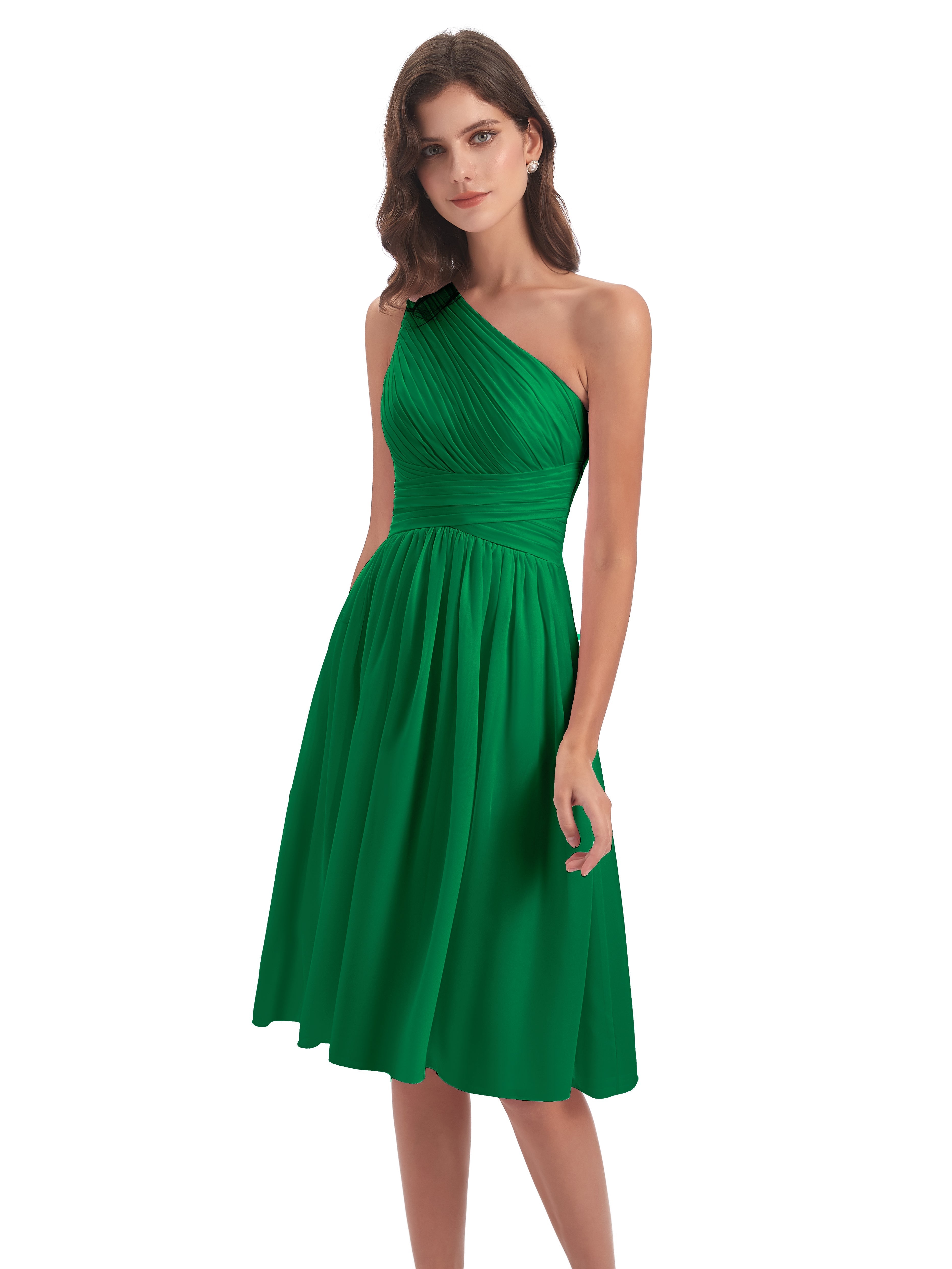 Demoiselle D Honneur Vert Émeraude Seule-Épaule Longueur Genou Mousseline Robes Demoiselle D'Honneur