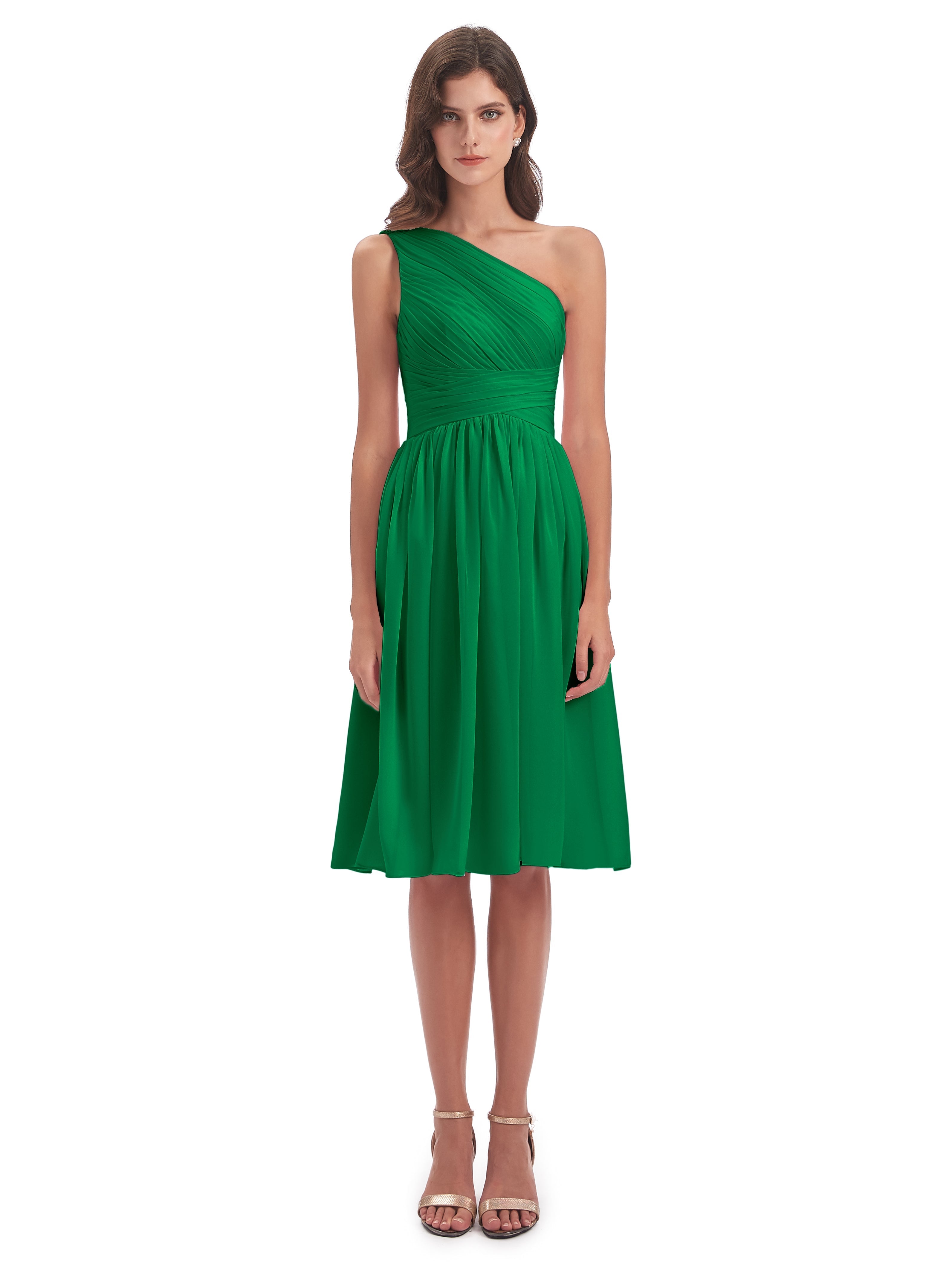 Demoiselle D Honneur Vert Émeraude Seule-Épaule Longueur Genou Mousseline Robes Demoiselle D'Honneur