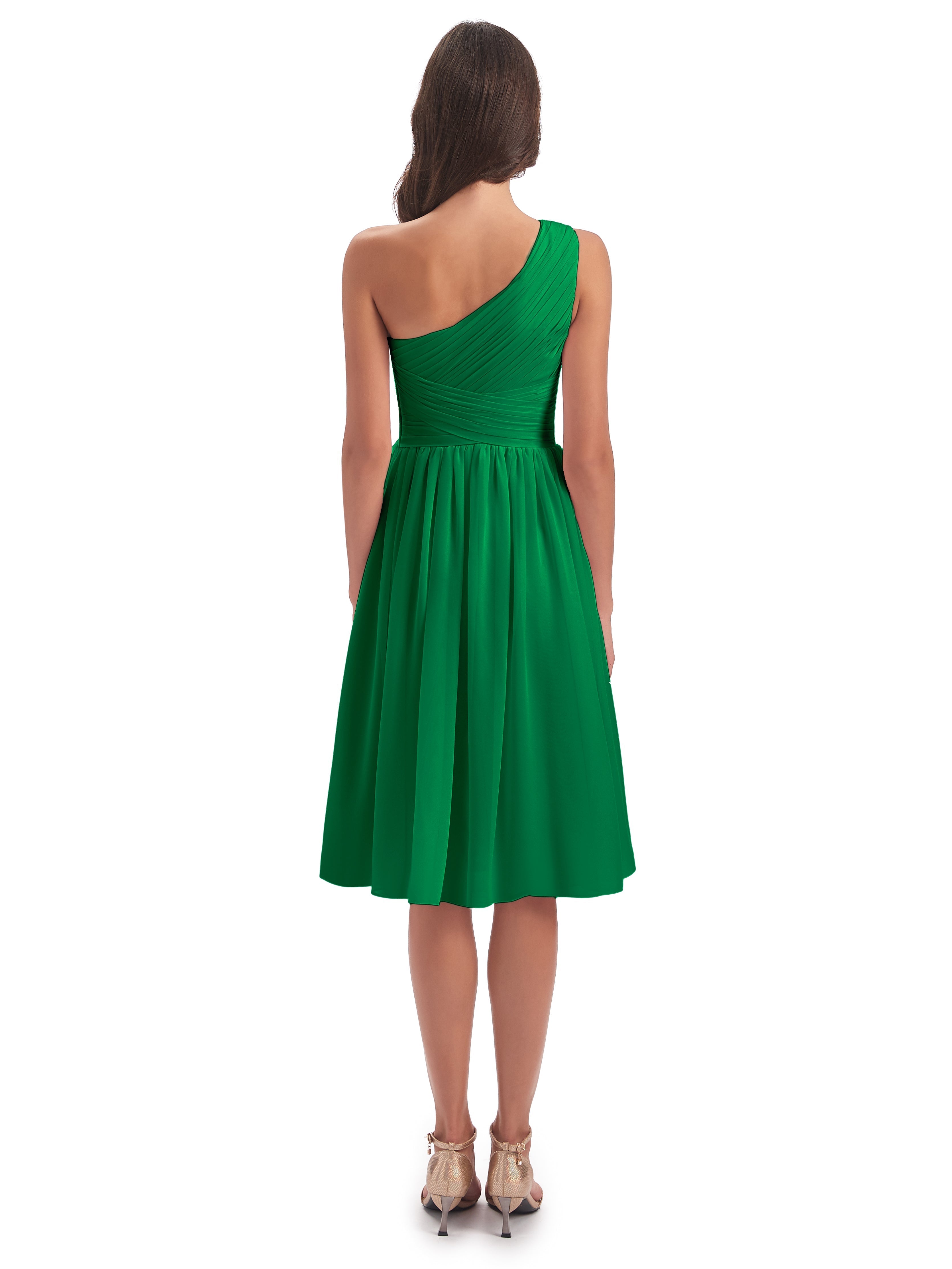 Demoiselle D Honneur Vert Émeraude Seule-Épaule Longueur Genou Mousseline Robes Demoiselle D'Honneur