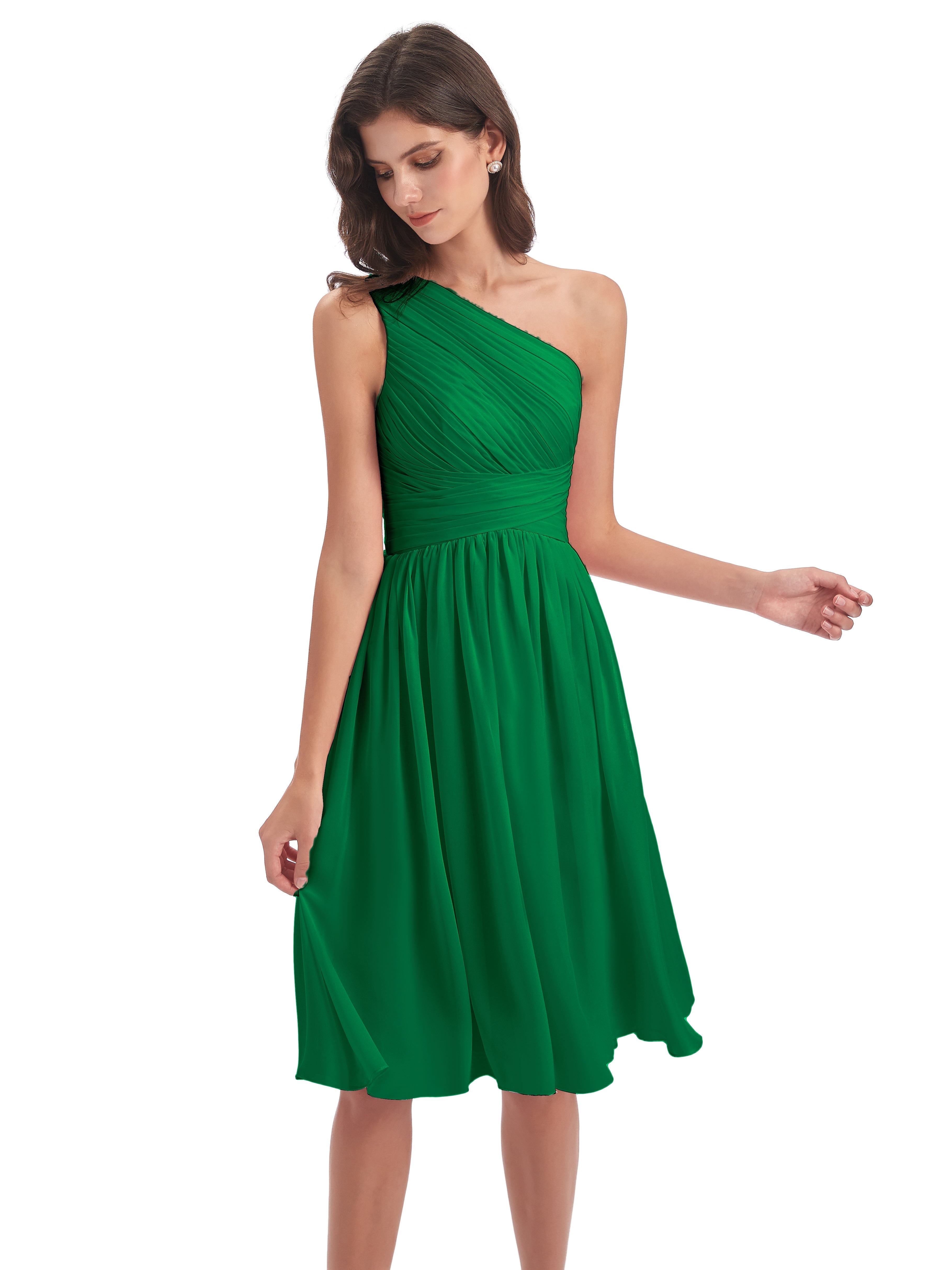 Demoiselle D Honneur Vert Émeraude Seule-Épaule Longueur Genou Mousseline Robes Demoiselle D'Honneur