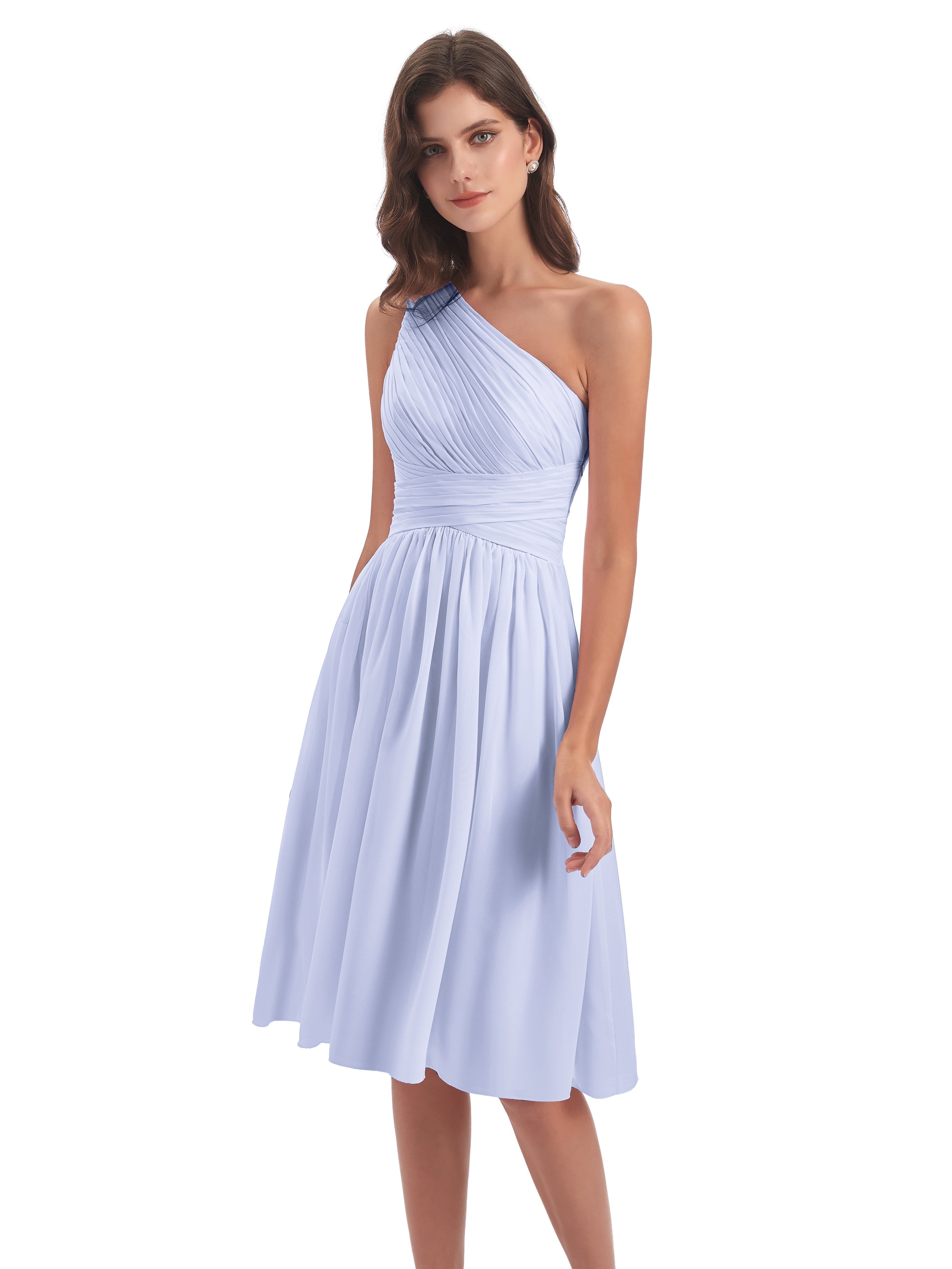 Robes De Demoiselle D'Honneur Lavande Seule-Épaule Longueur Genou Mousseline Robes Demoiselle D'Honneur