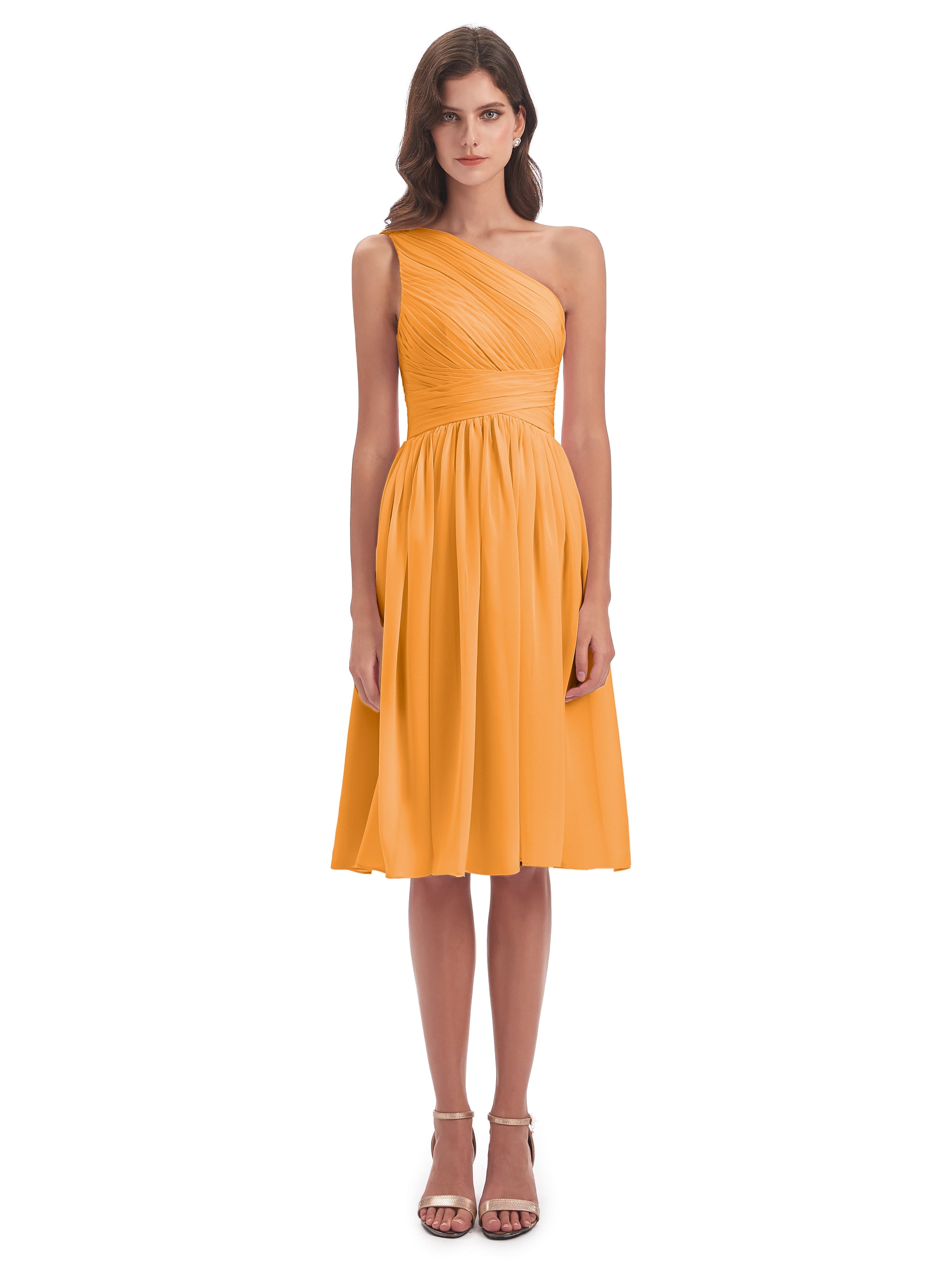 Robes De Demoiselle D'Honneur Mandarine Seule-Épaule Longueur Genou Mousseline Robes Demoiselle D'Honneur