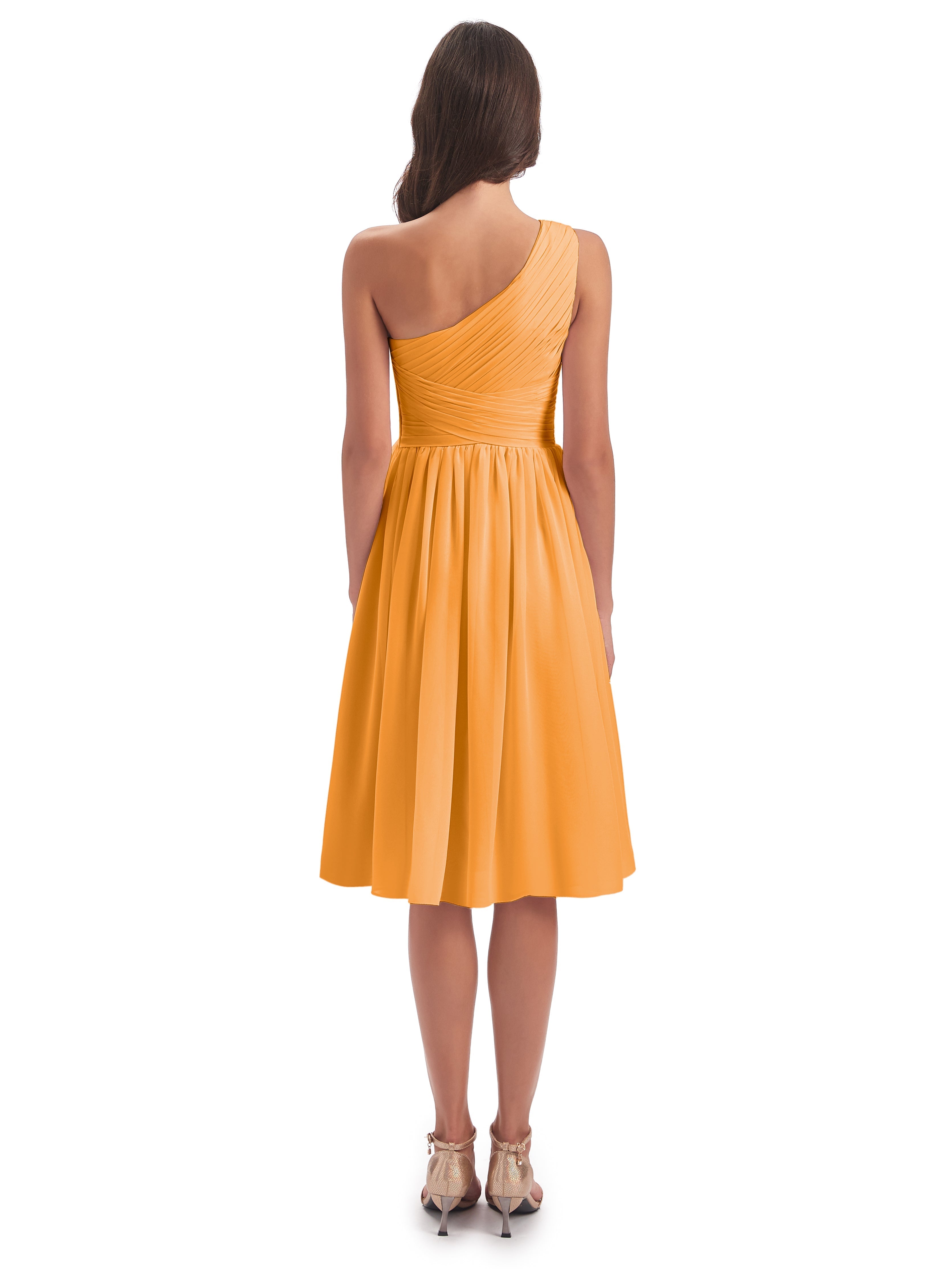 Robes De Demoiselle D'Honneur Mandarine Seule-Épaule Longueur Genou Mousseline Robes Demoiselle D'Honneur