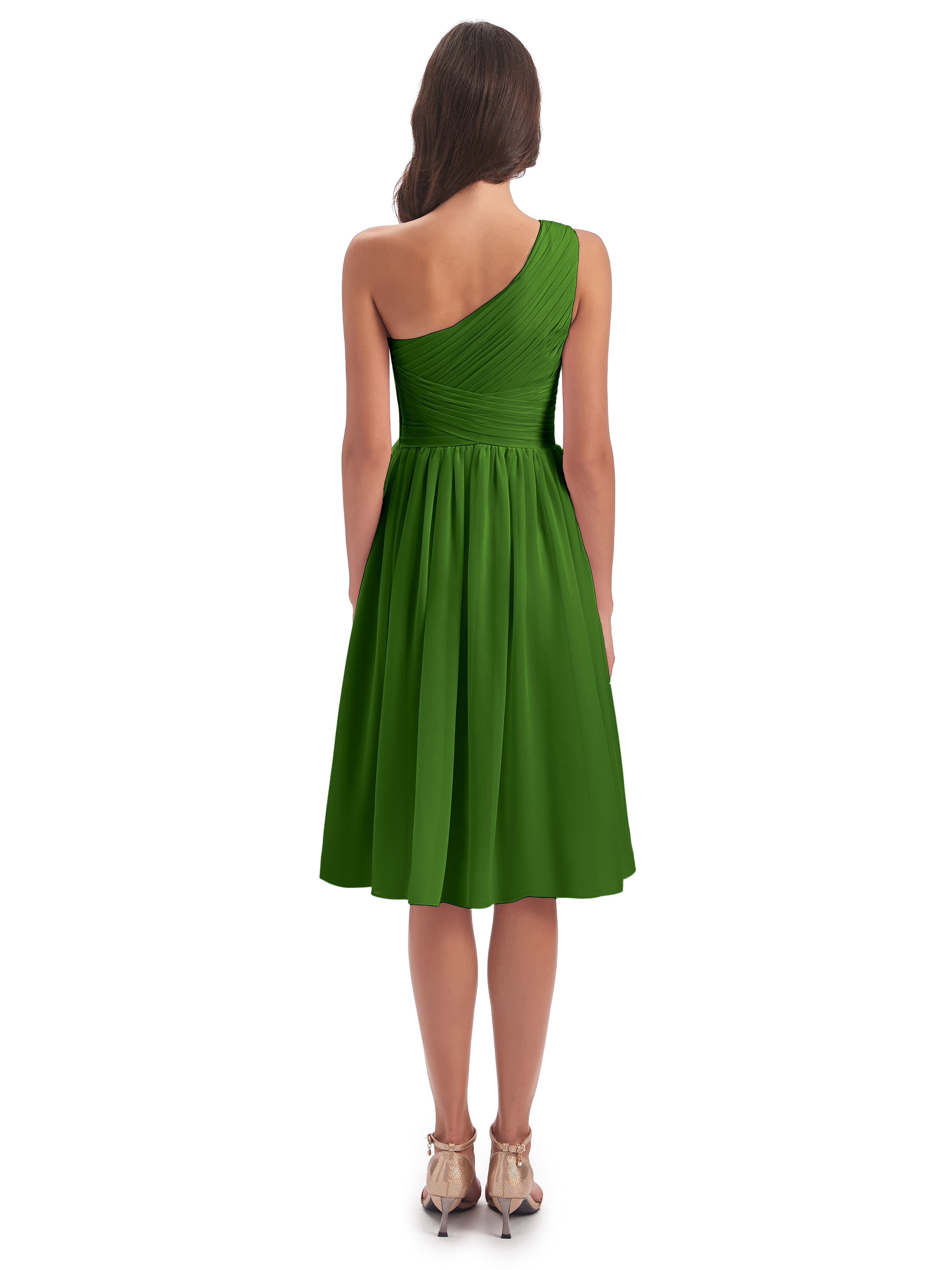 Robes De Demoiselle D'Honneur Vert Mousse Seule-Épaule Longueur Genou Mousseline Robes Demoiselle D'Honneur