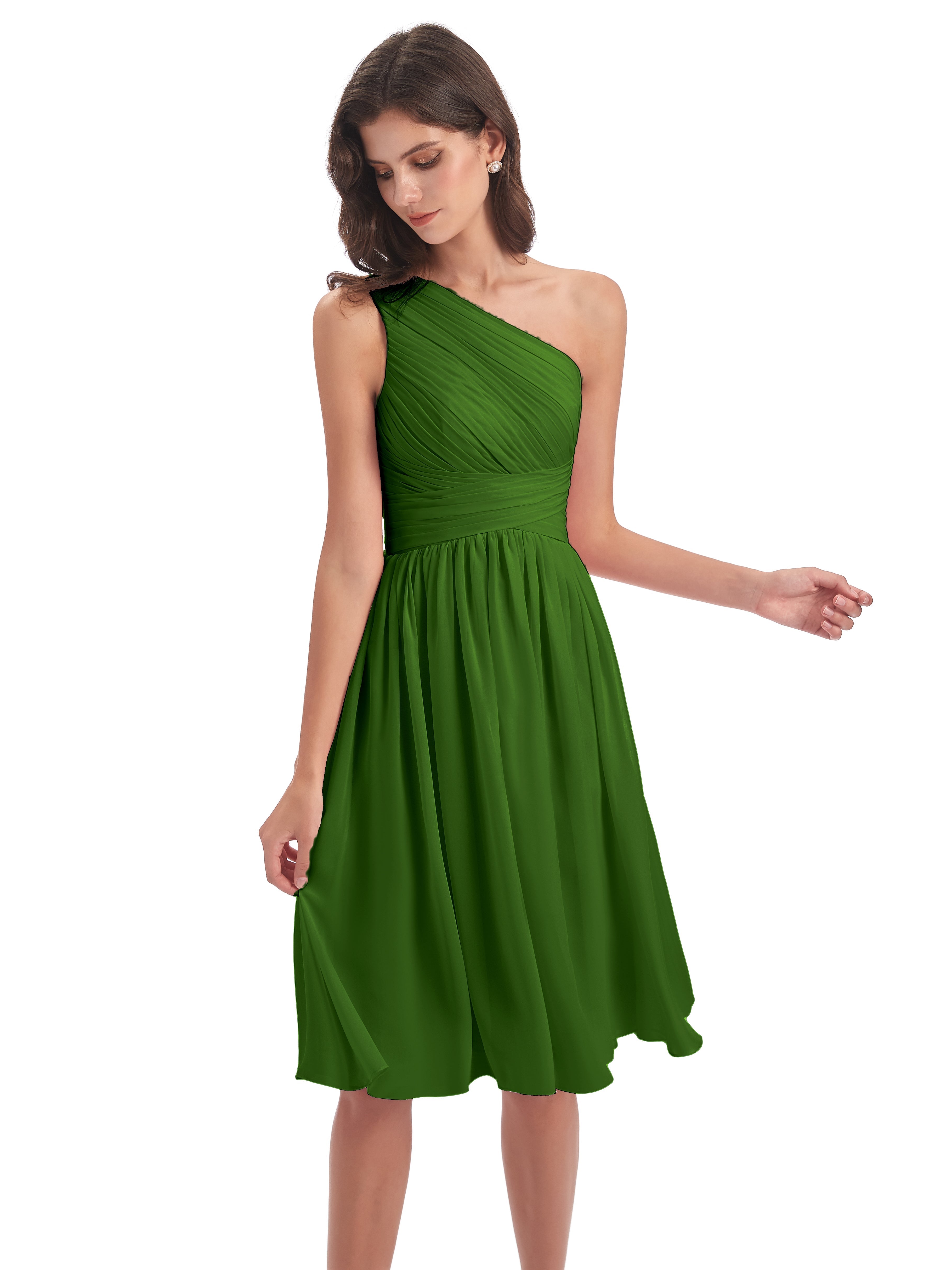 Robes De Demoiselle D'Honneur Vert Mousse Seule-Épaule Longueur Genou Mousseline Robes Demoiselle D'Honneur