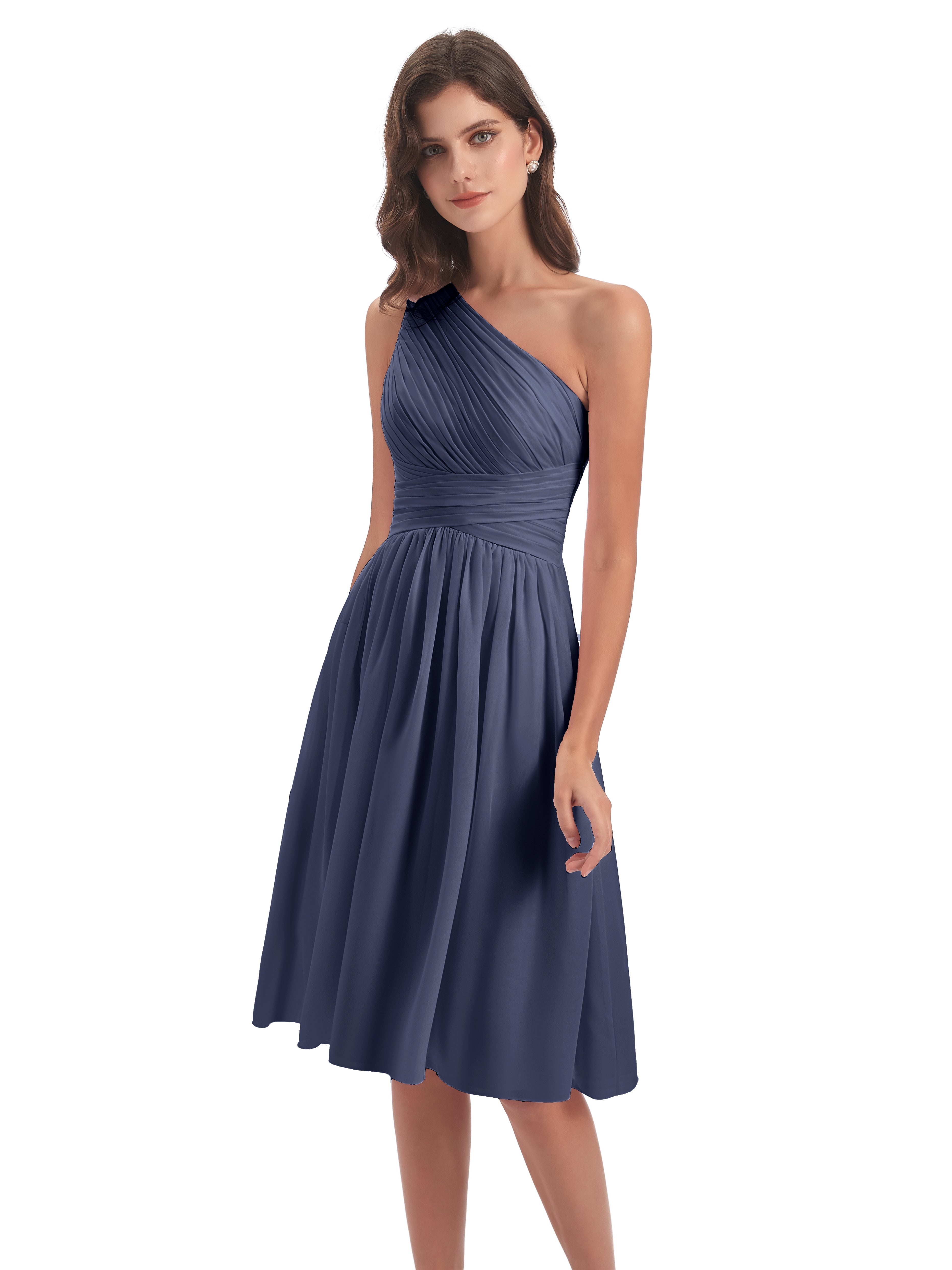 Robes De Demoiselle D'Honneur Bleu Orageux Seule-Épaule Longueur Genou Mousseline Robes Demoiselle D'Honneur