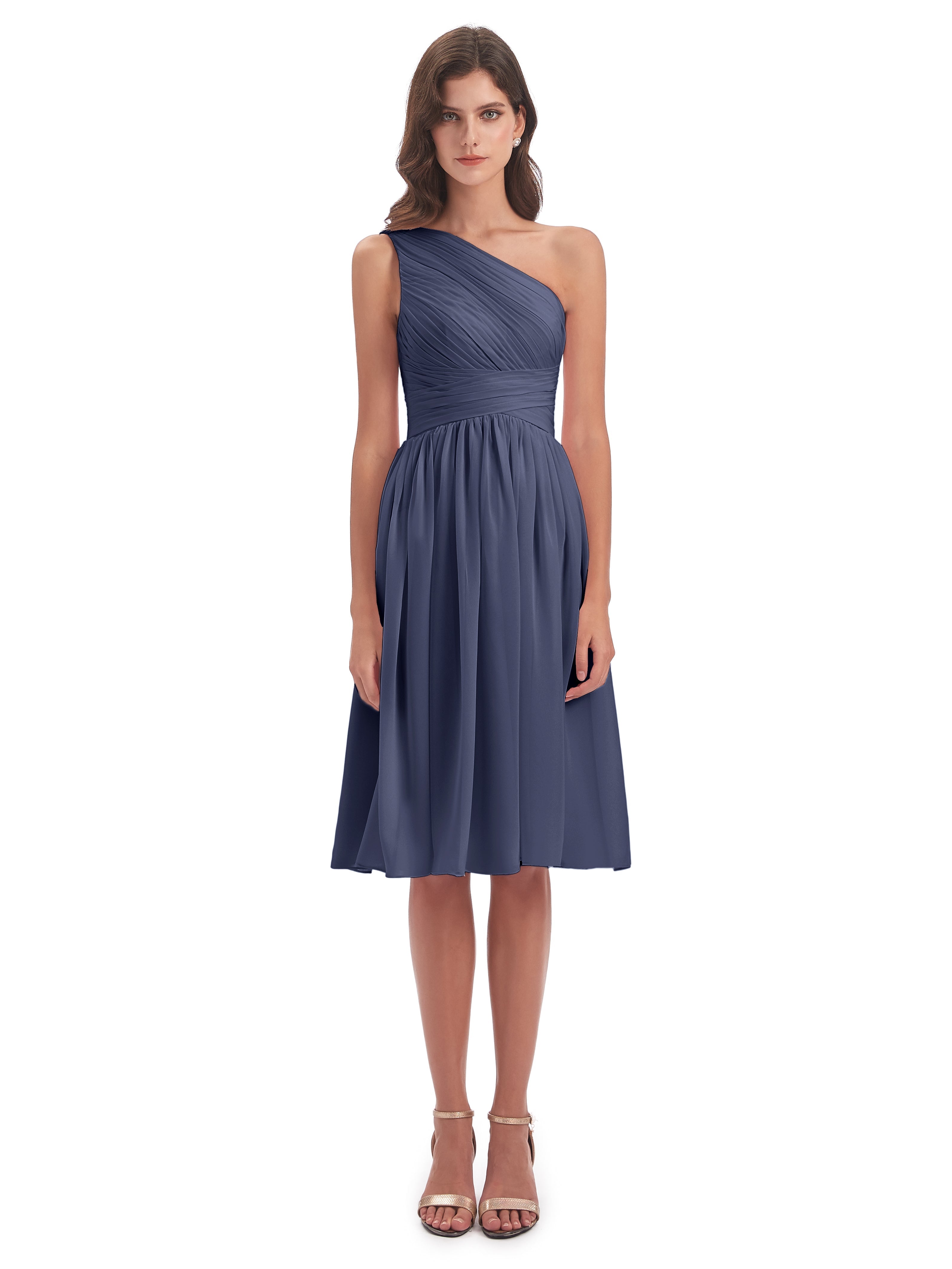 Robes De Demoiselle D'Honneur Bleu Orageux Seule-Épaule Longueur Genou Mousseline Robes Demoiselle D'Honneur