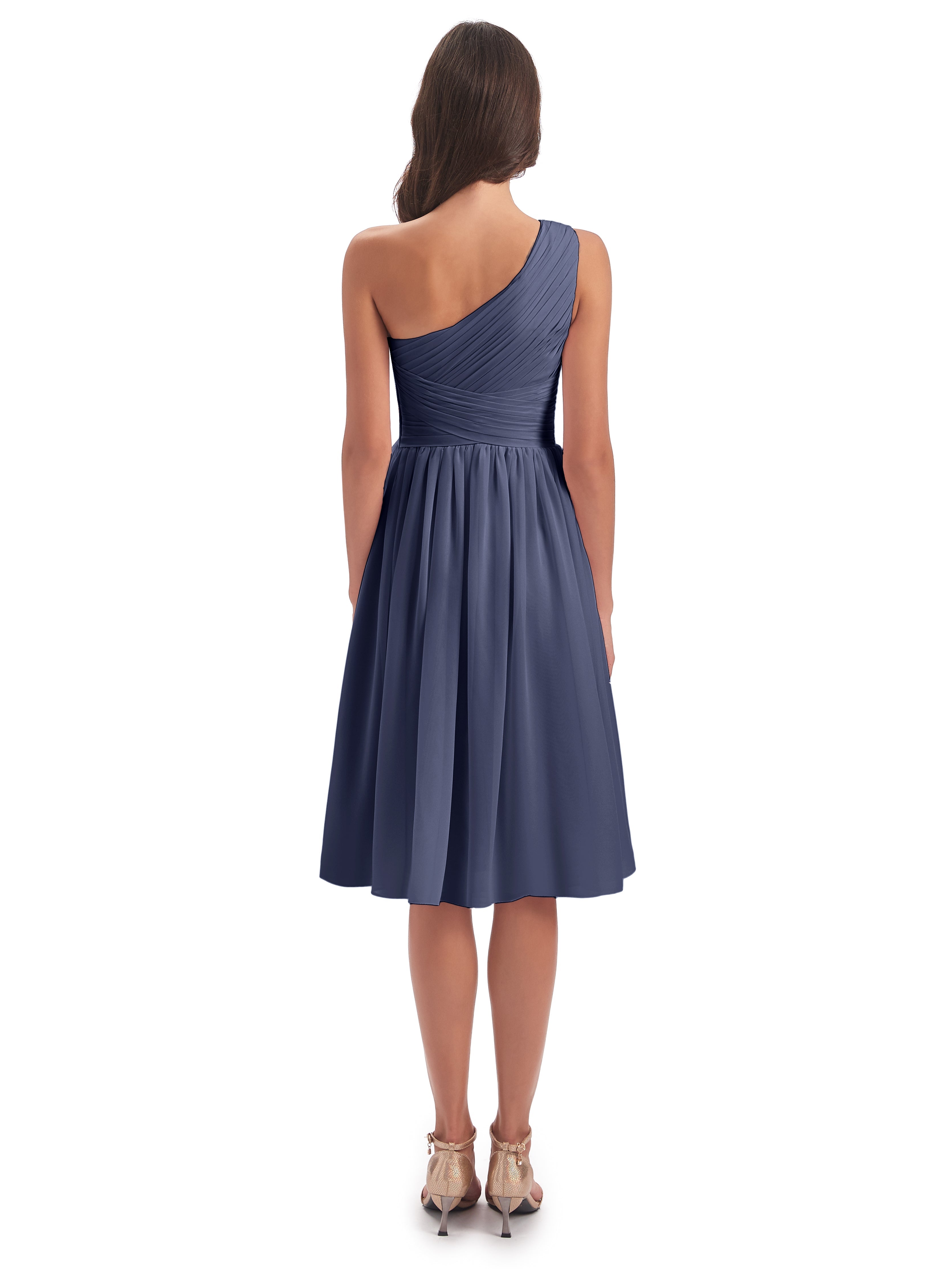 Robes De Demoiselle D'Honneur Bleu Orageux Seule-Épaule Longueur Genou Mousseline Robes Demoiselle D'Honneur