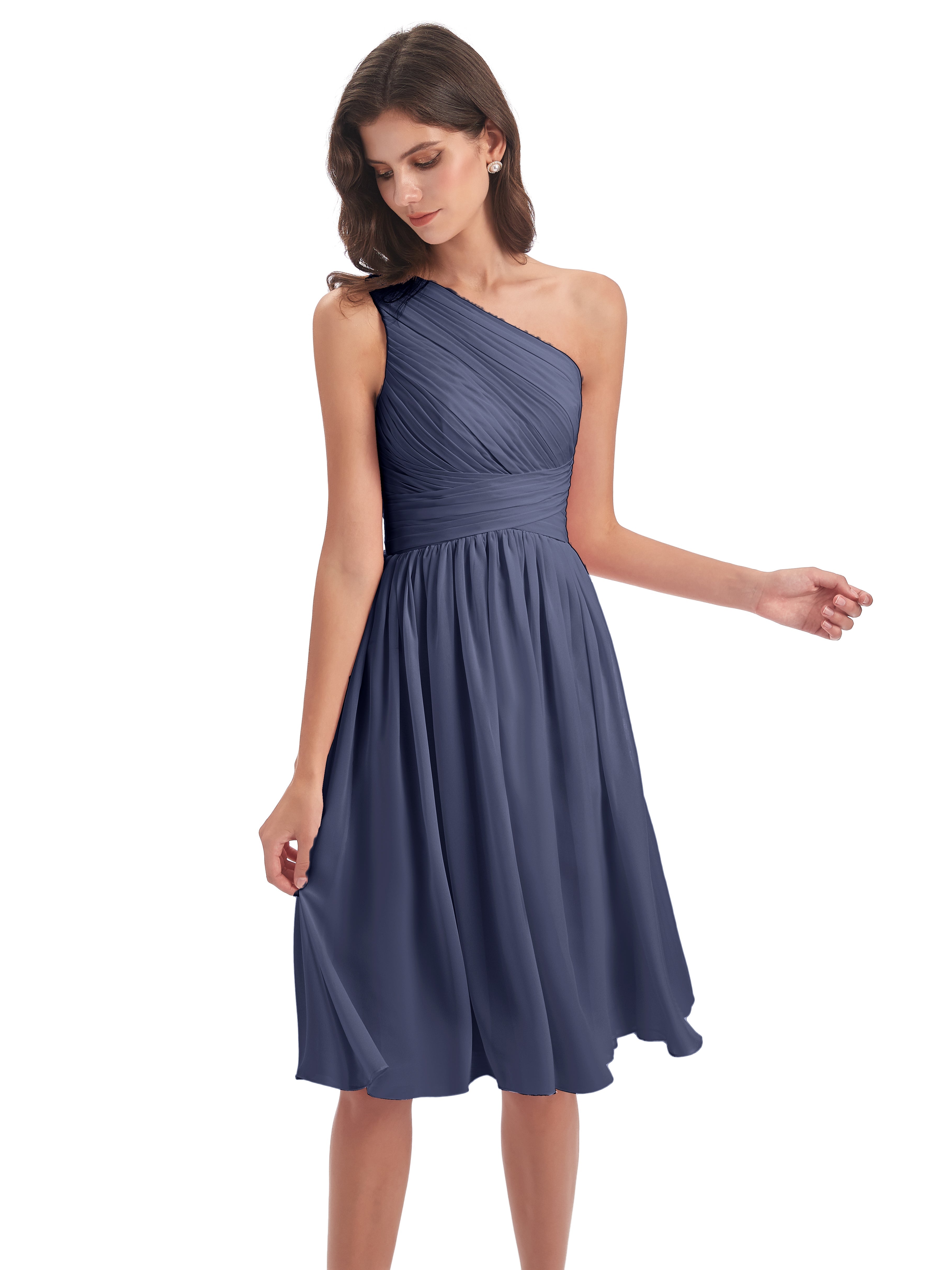 Robes De Demoiselle D'Honneur Bleu Orageux Seule-Épaule Longueur Genou Mousseline Robes Demoiselle D'Honneur