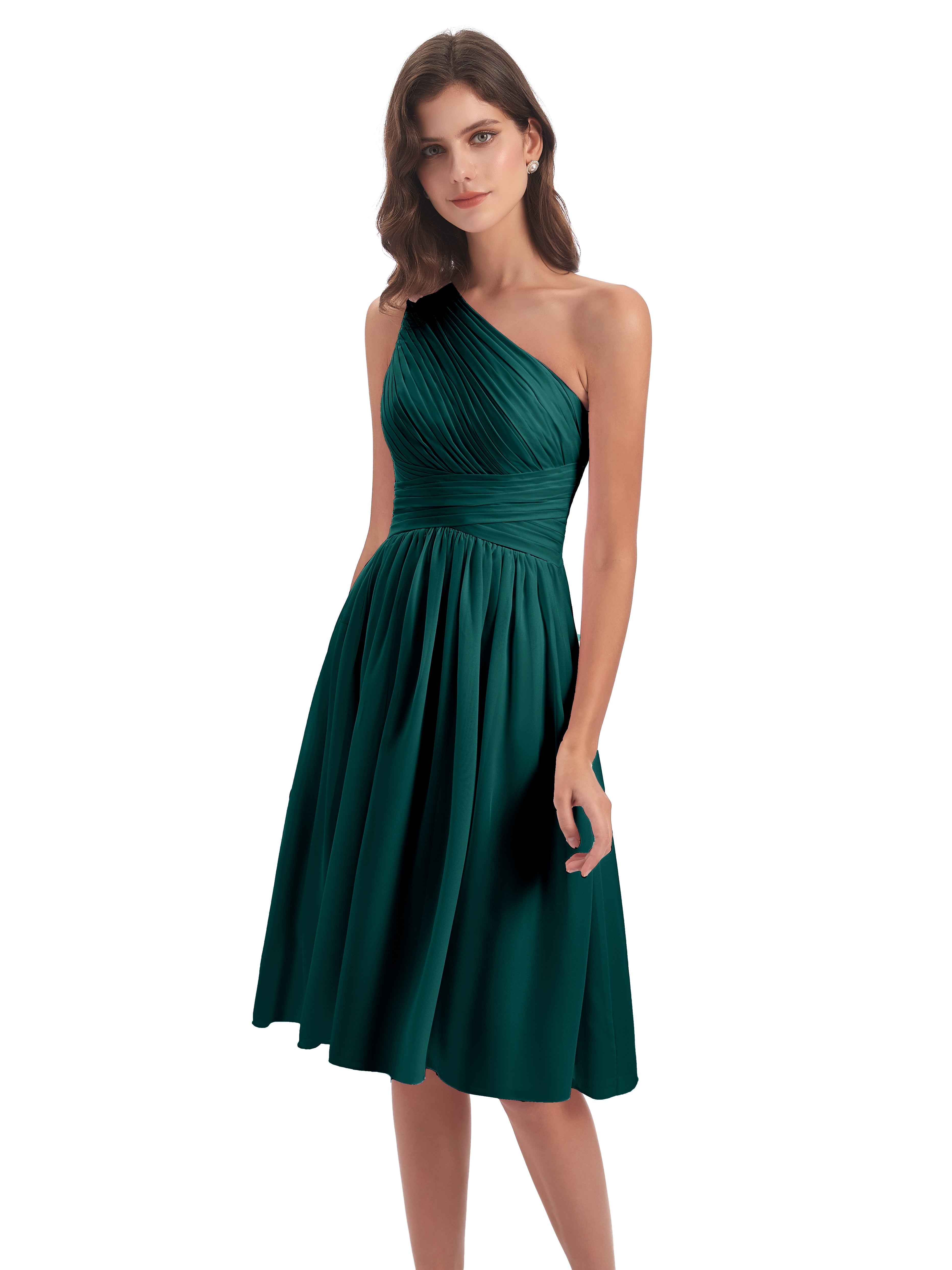 Robe Demoiselle D Honneur Bleu Paon Seule-Épaule Longueur Genou Mousseline Robes Demoiselle D'Honneur