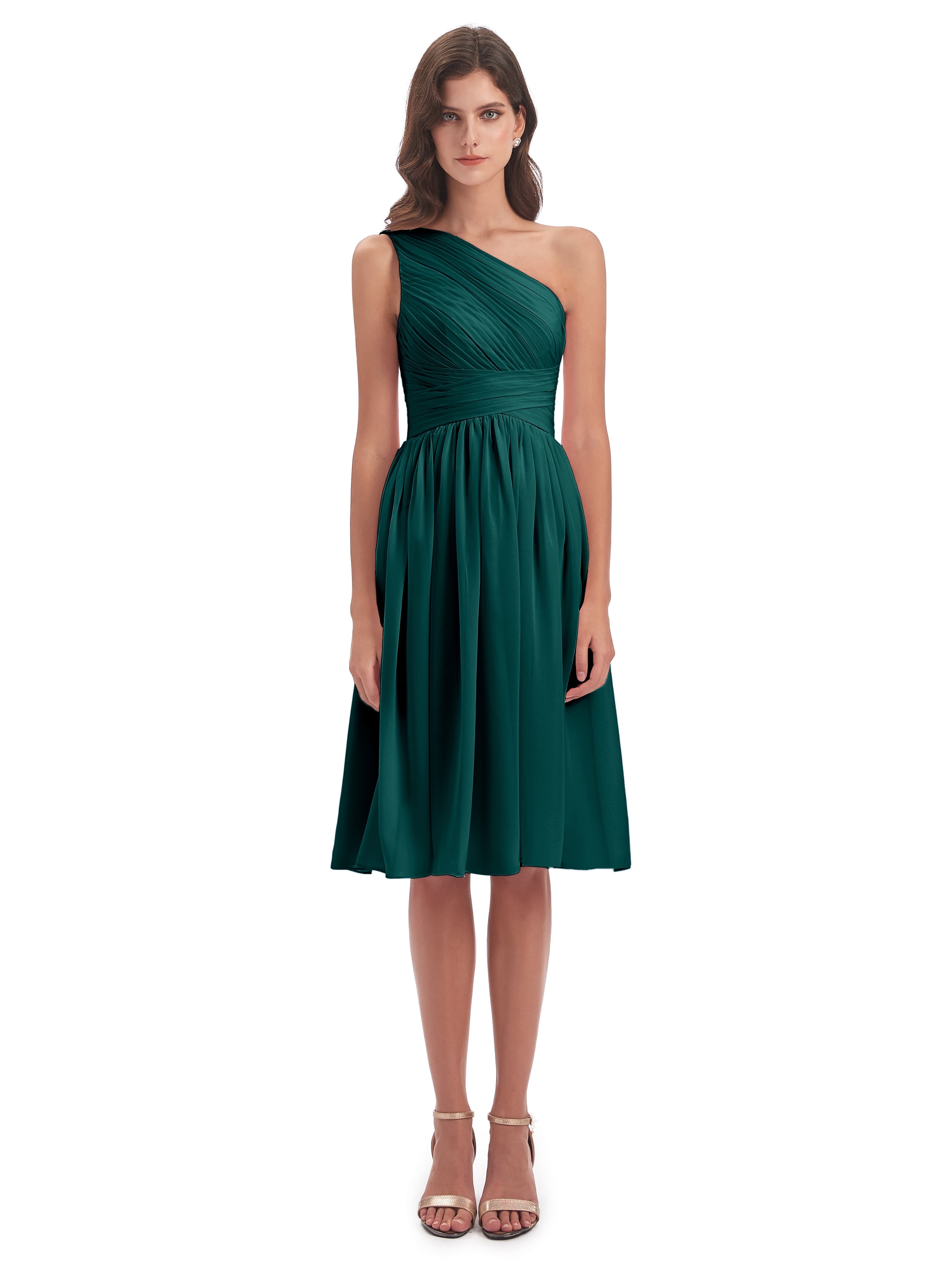 Robe Demoiselle D Honneur Bleu Paon Seule-Épaule Longueur Genou Mousseline Robes Demoiselle D'Honneur