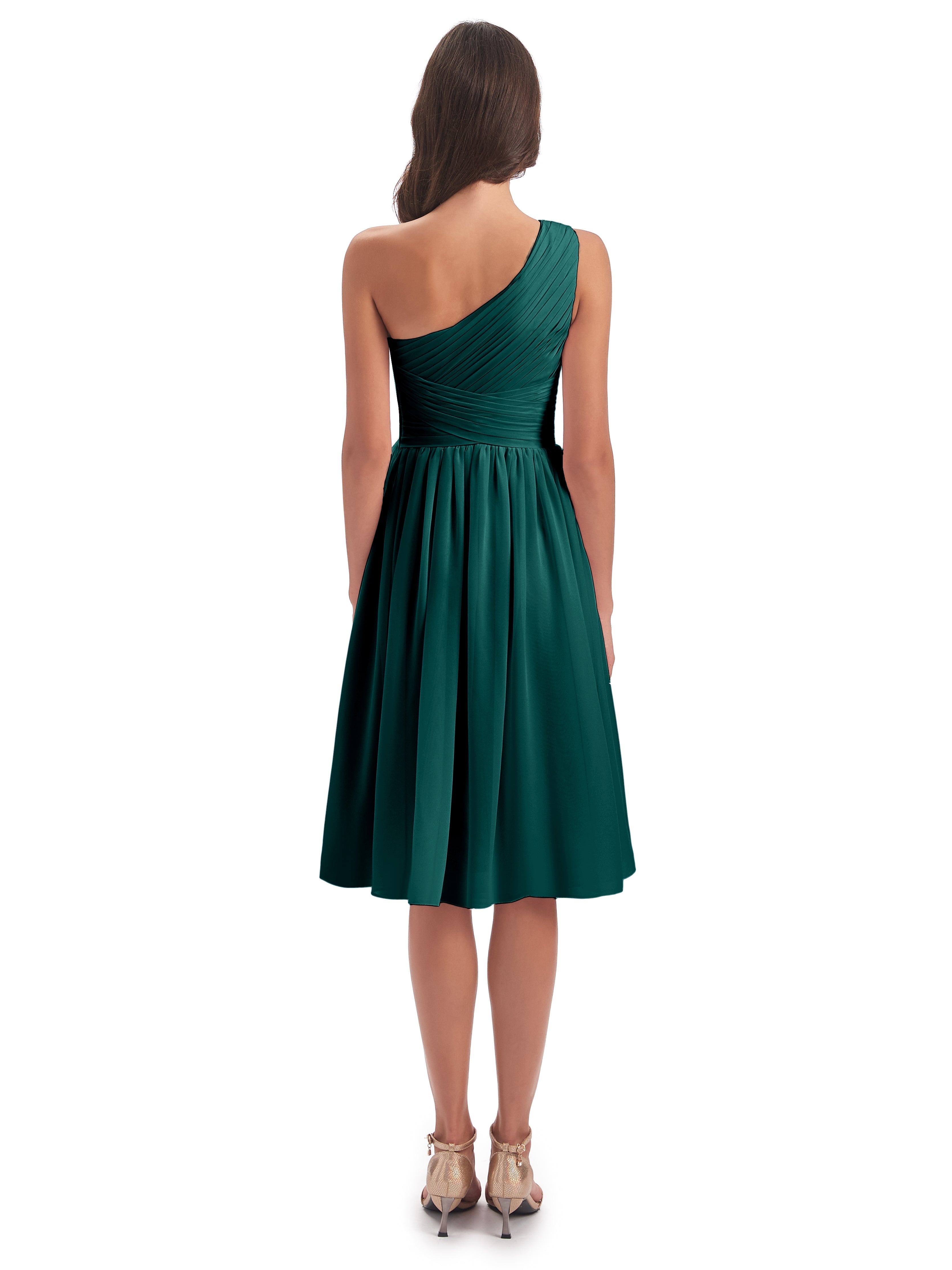 Robe Demoiselle D Honneur Bleu Paon Seule-Épaule Longueur Genou Mousseline Robes Demoiselle D'Honneur