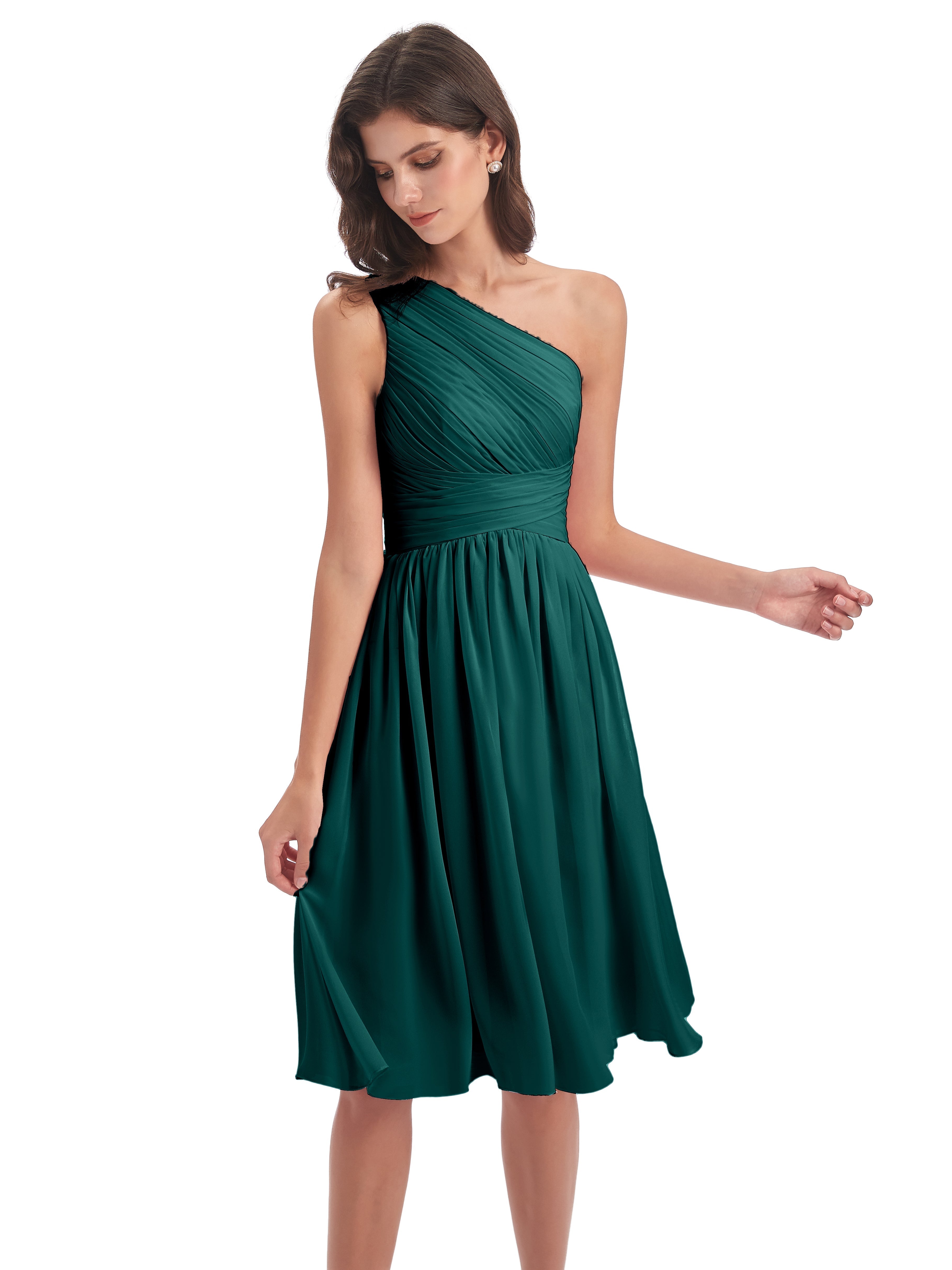 Robe Demoiselle D Honneur Bleu Paon Seule-Épaule Longueur Genou Mousseline Robes Demoiselle D'Honneur
