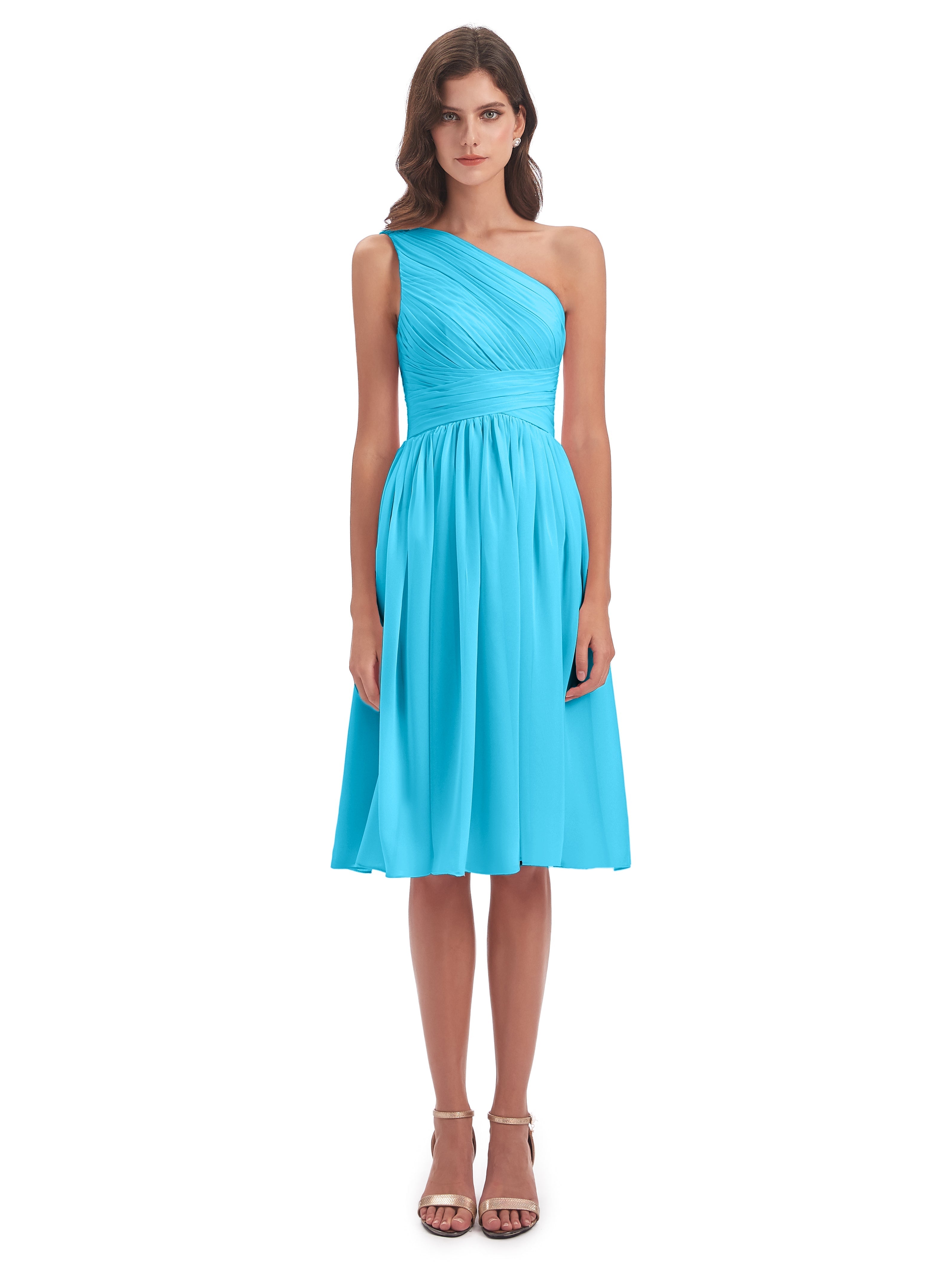 Robe De Demoiselle D'Honneur En Piscine Seule-Épaule Longueur Genou Mousseline Robes Demoiselle D'Honneur