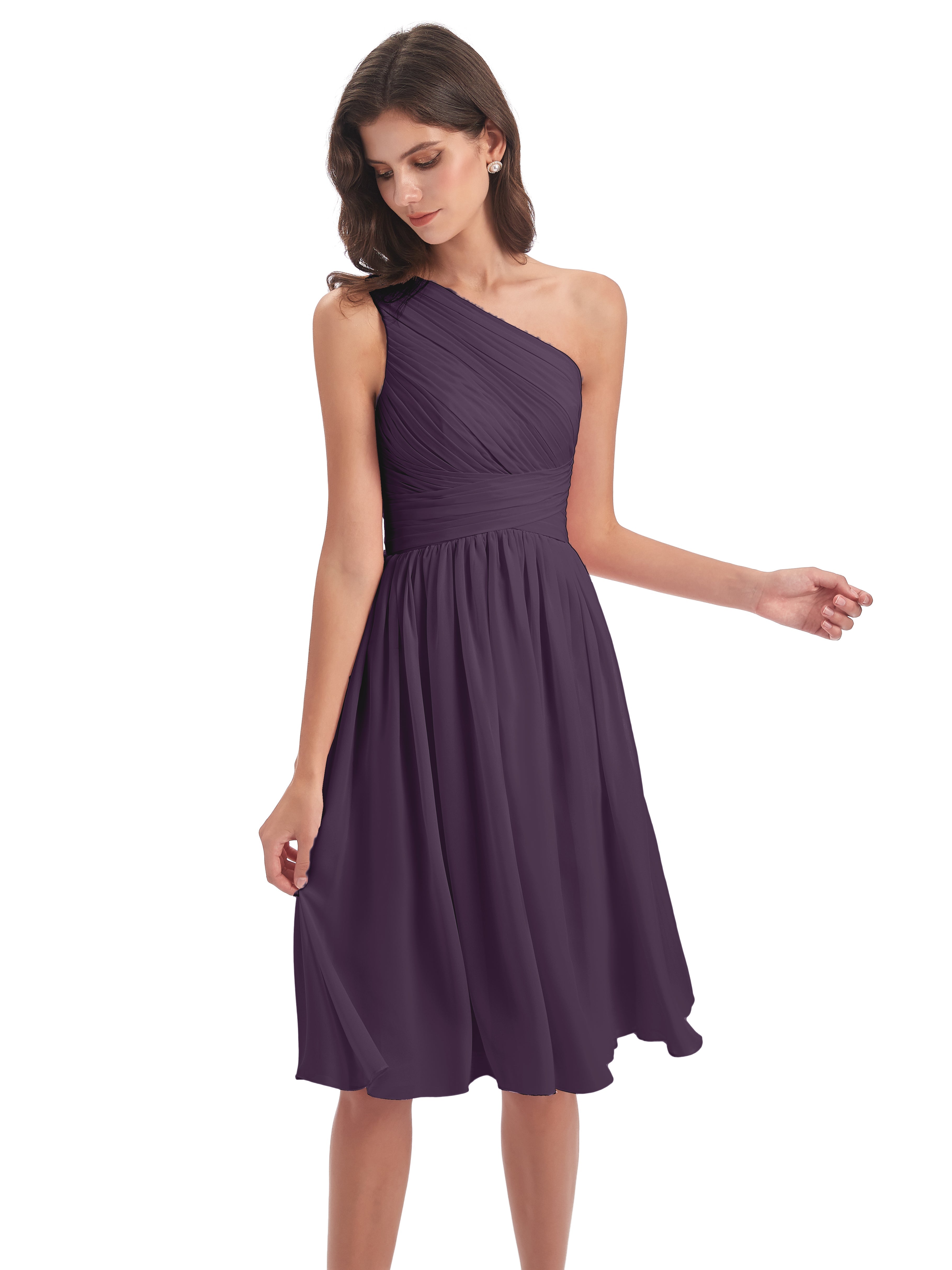 Robe De Demoiselle D'Honneur En Plum Seule-Épaule Longueur Genou Mousseline Robes Demoiselle D'Honneur