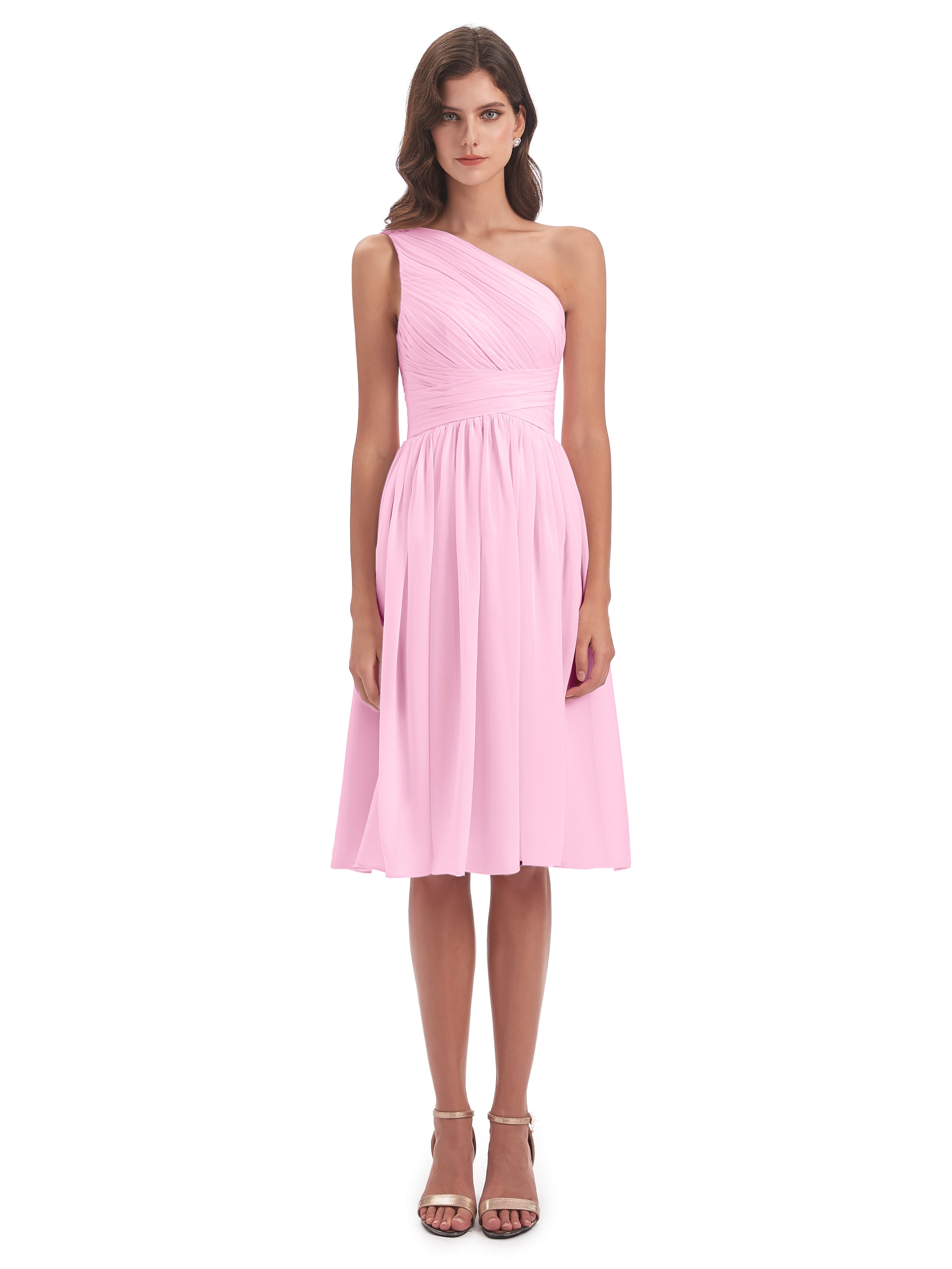 Robes De Demoiselle D'Honneur Rose Bonbon Seule-Épaule Longueur Genou Mousseline Robes Demoiselle D'Honneur