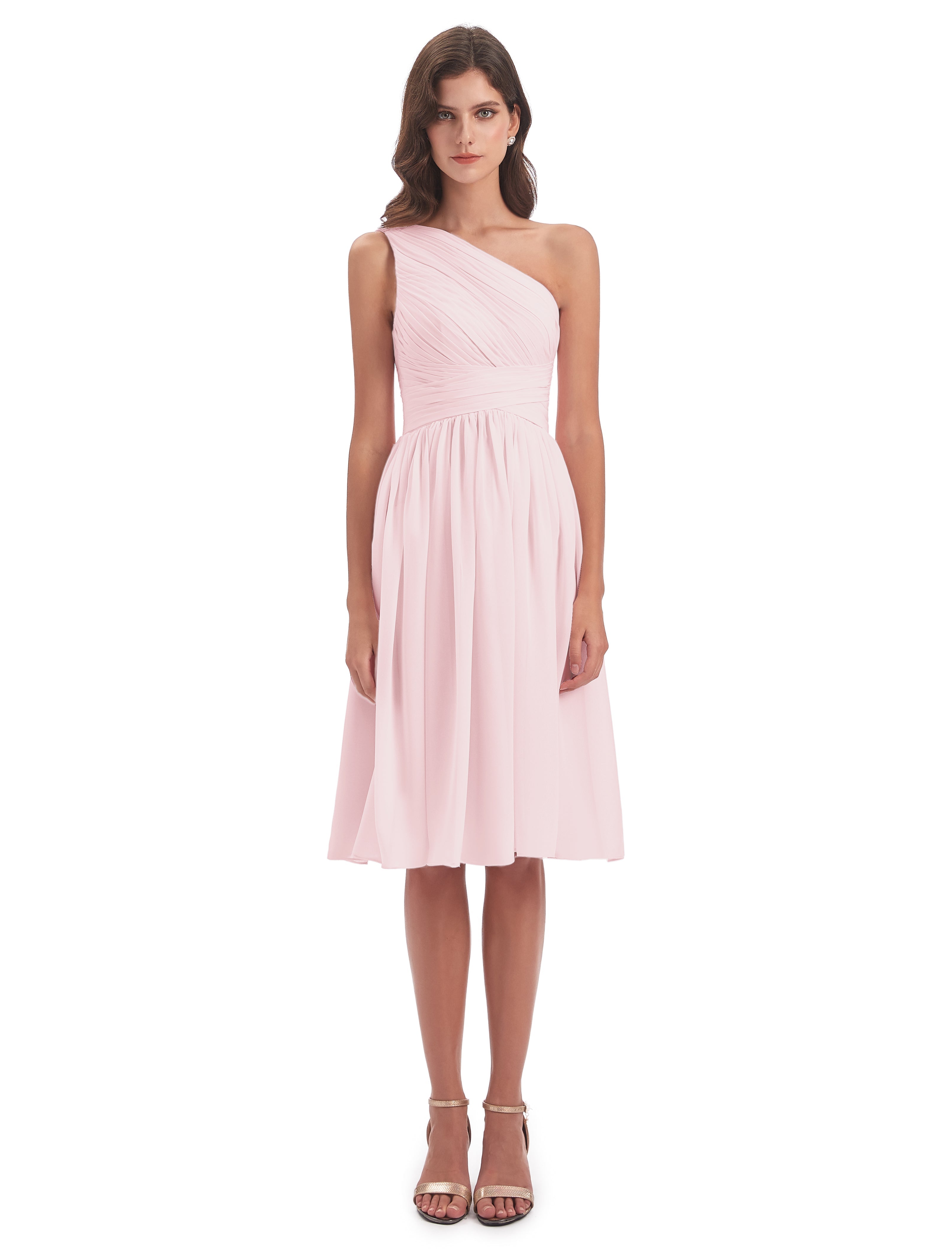 Robes Demoiselles D Honneur Rose Pale Seule-Épaule Longueur Genou Mousseline Robes Demoiselle D'Honneur