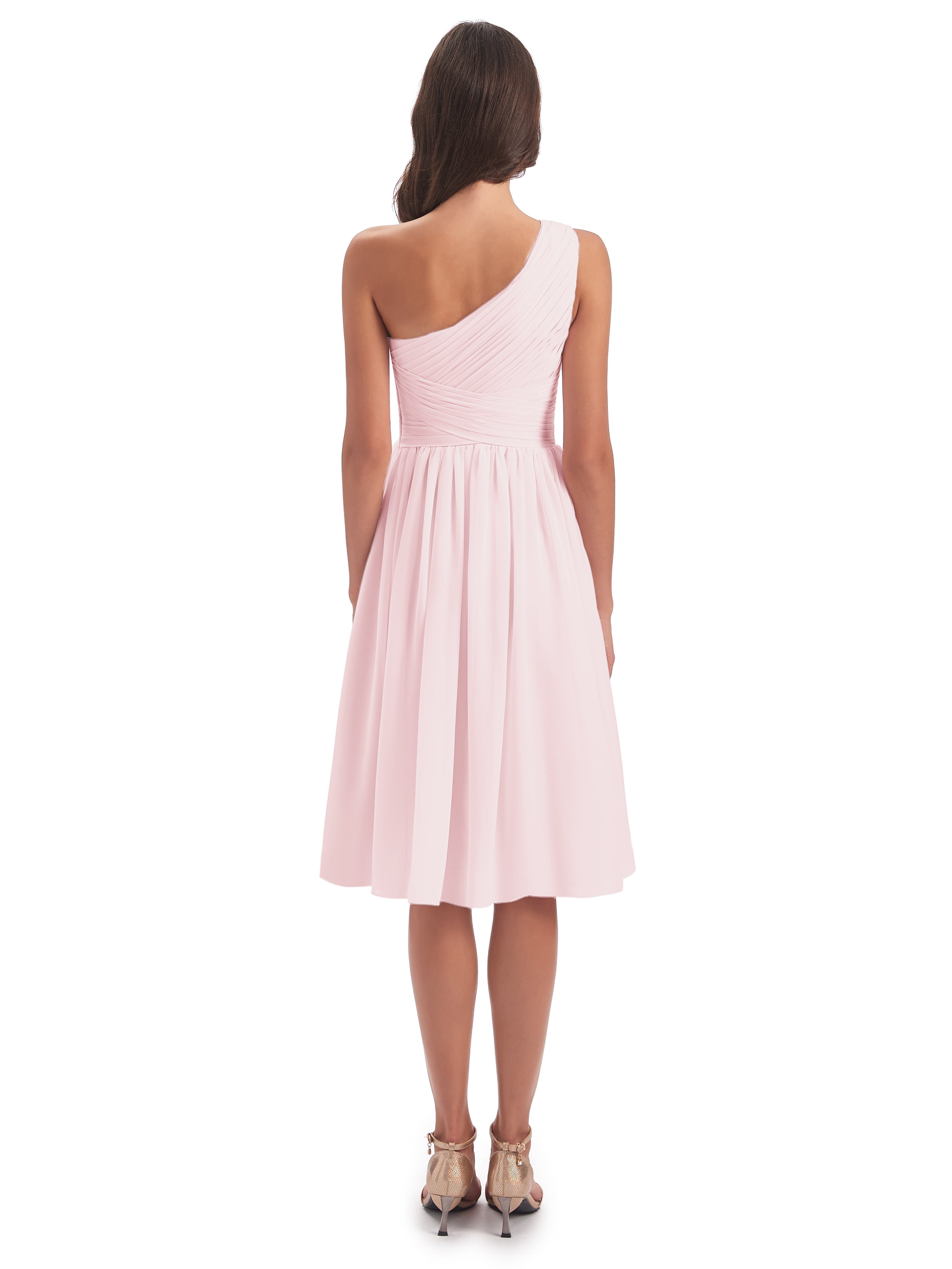 Robes Demoiselles D Honneur Rose Pale Seule-Épaule Longueur Genou Mousseline Robes Demoiselle D'Honneur