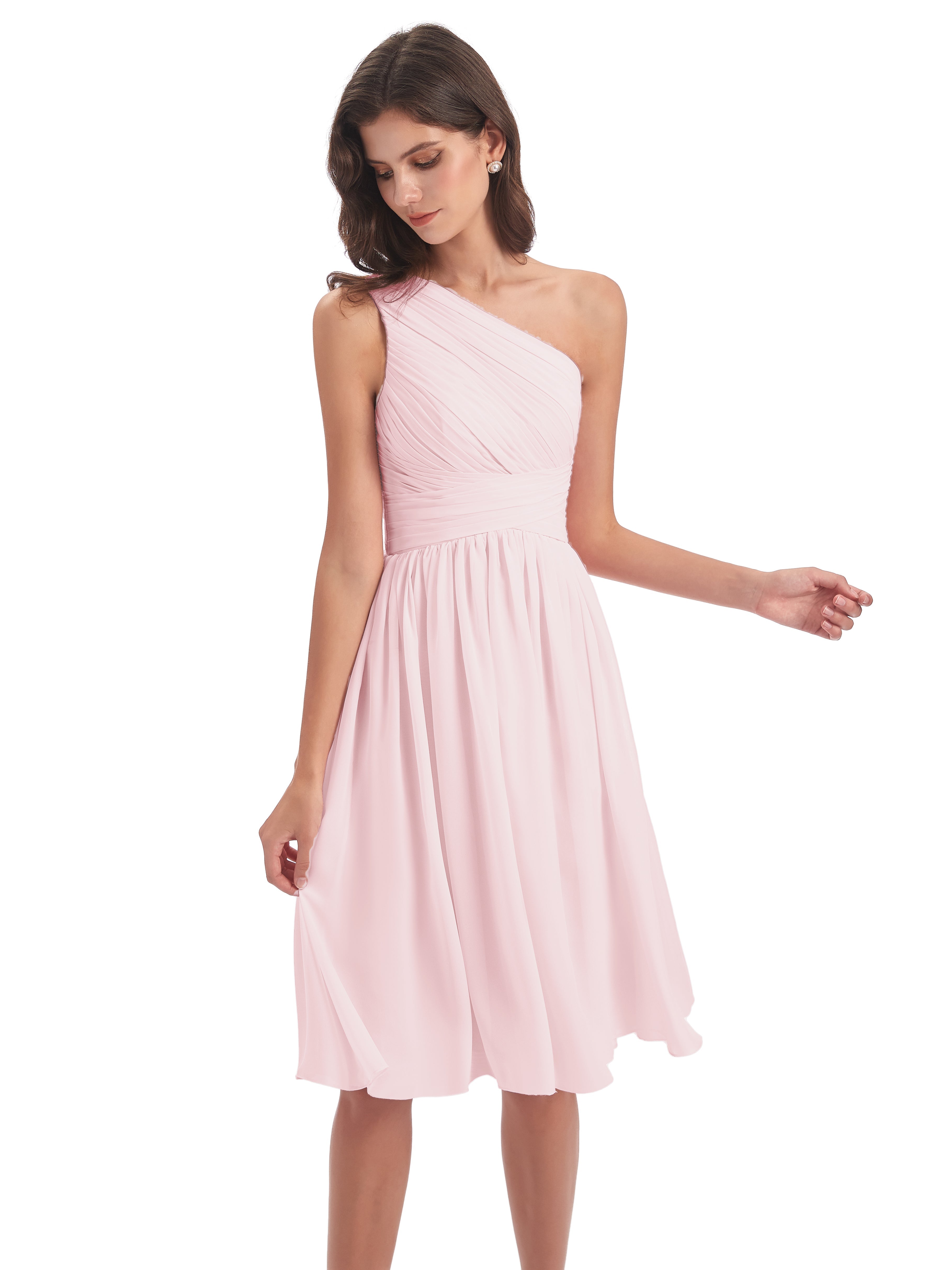 Robes Demoiselles D Honneur Rose Pale Seule-Épaule Longueur Genou Mousseline Robes Demoiselle D'Honneur