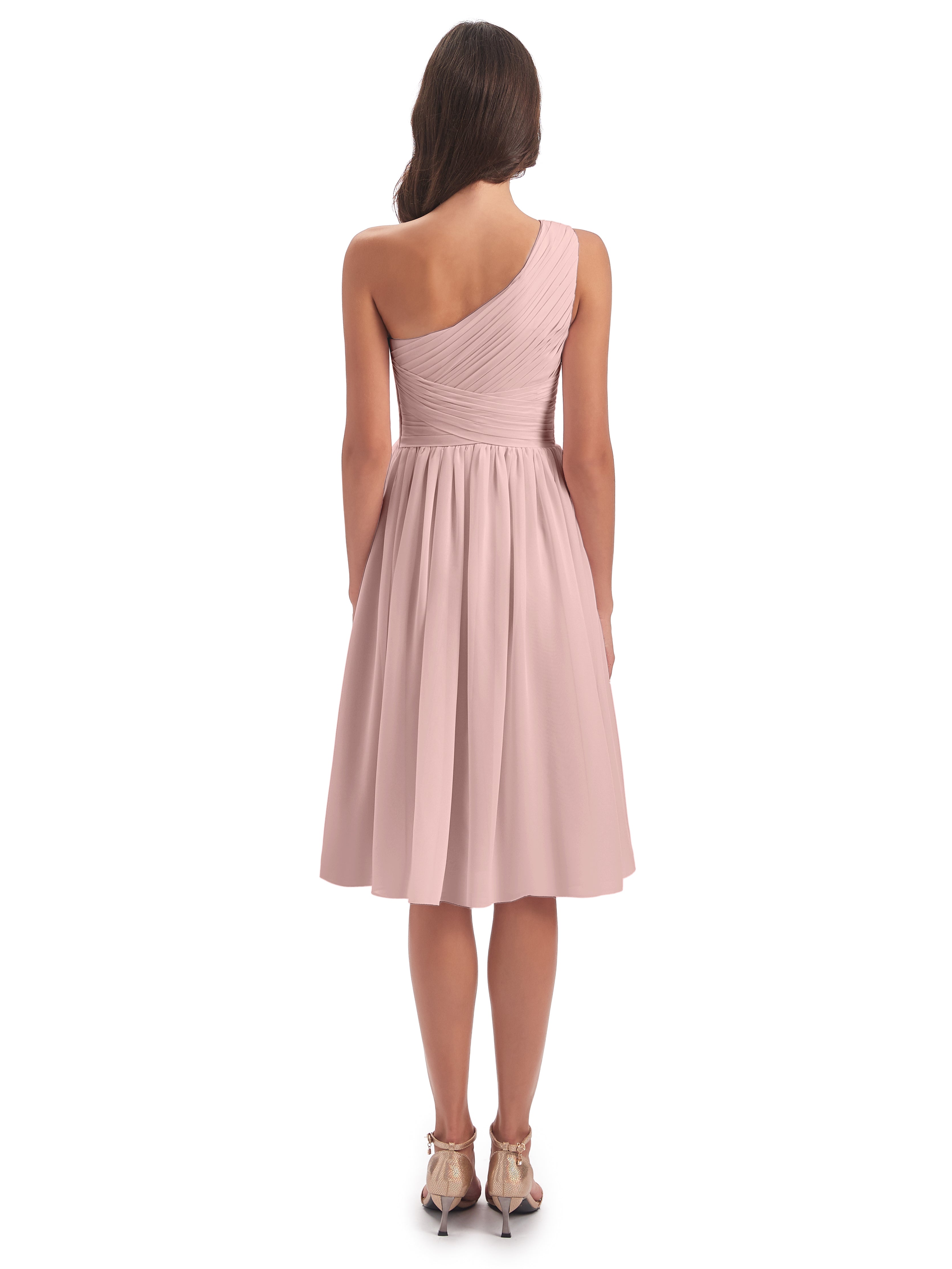 Robe Rose Poudré Mariage Courte Seule-Épaule Longueur Genou Mousseline Robes Demoiselle D'Honneur