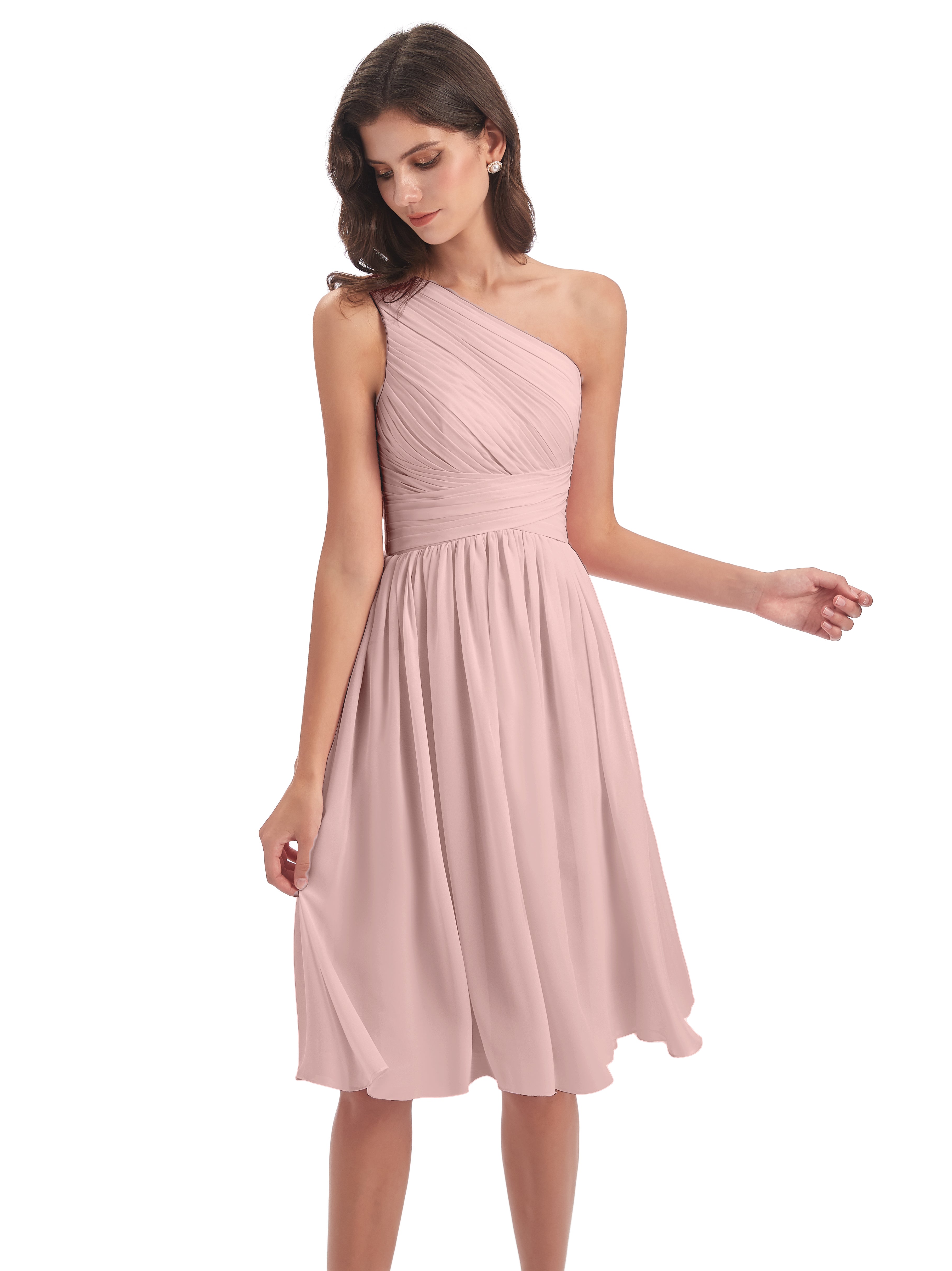 Robe Rose Poudré Mariage Courte Seule-Épaule Longueur Genou Mousseline Robes Demoiselle D'Honneur