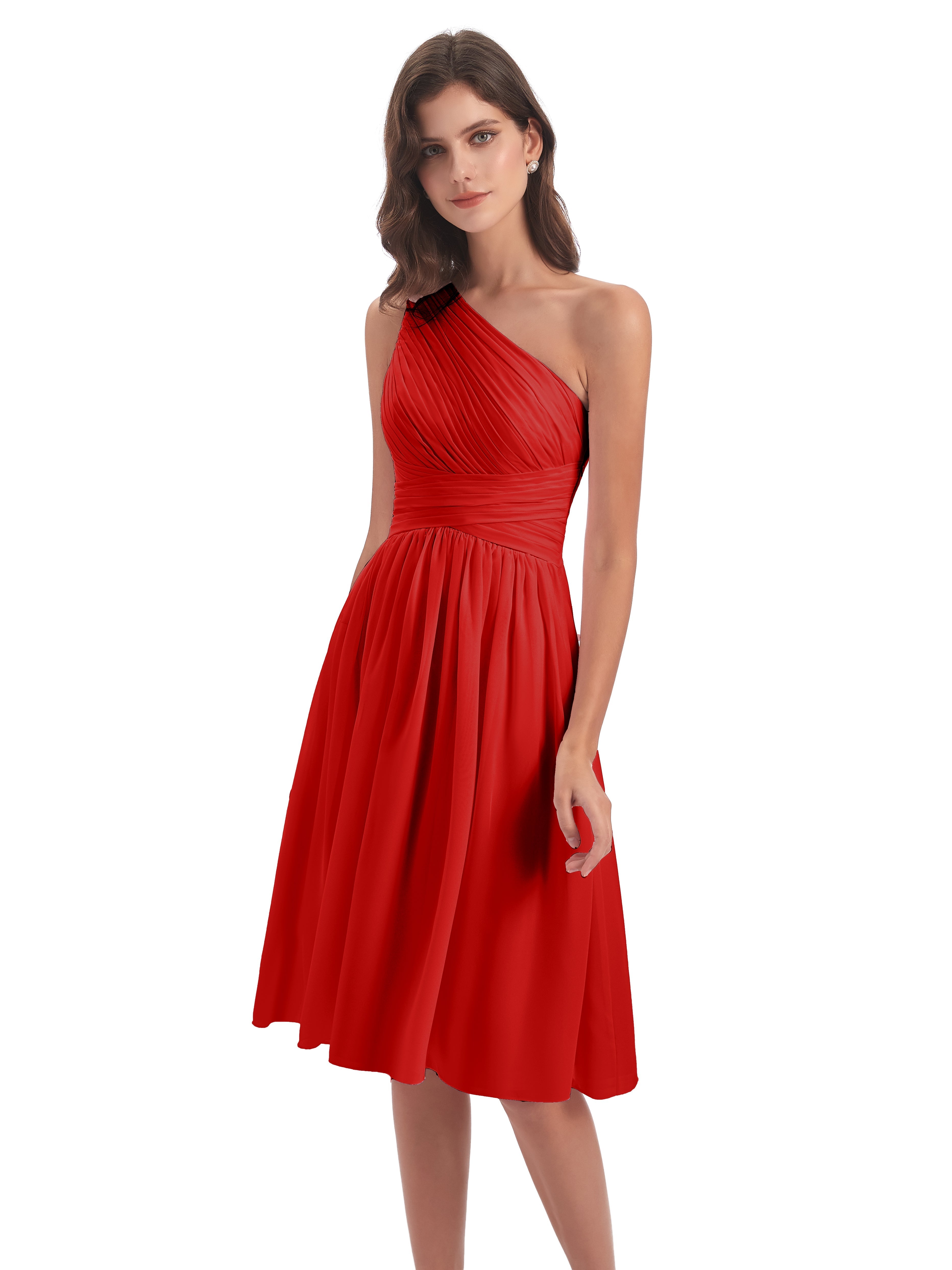 Robes De Demoiselle D'Honneur Rouges Courtes Seule-Épaule Longueur Genou Mousseline Robes Demoiselle D'Honneur