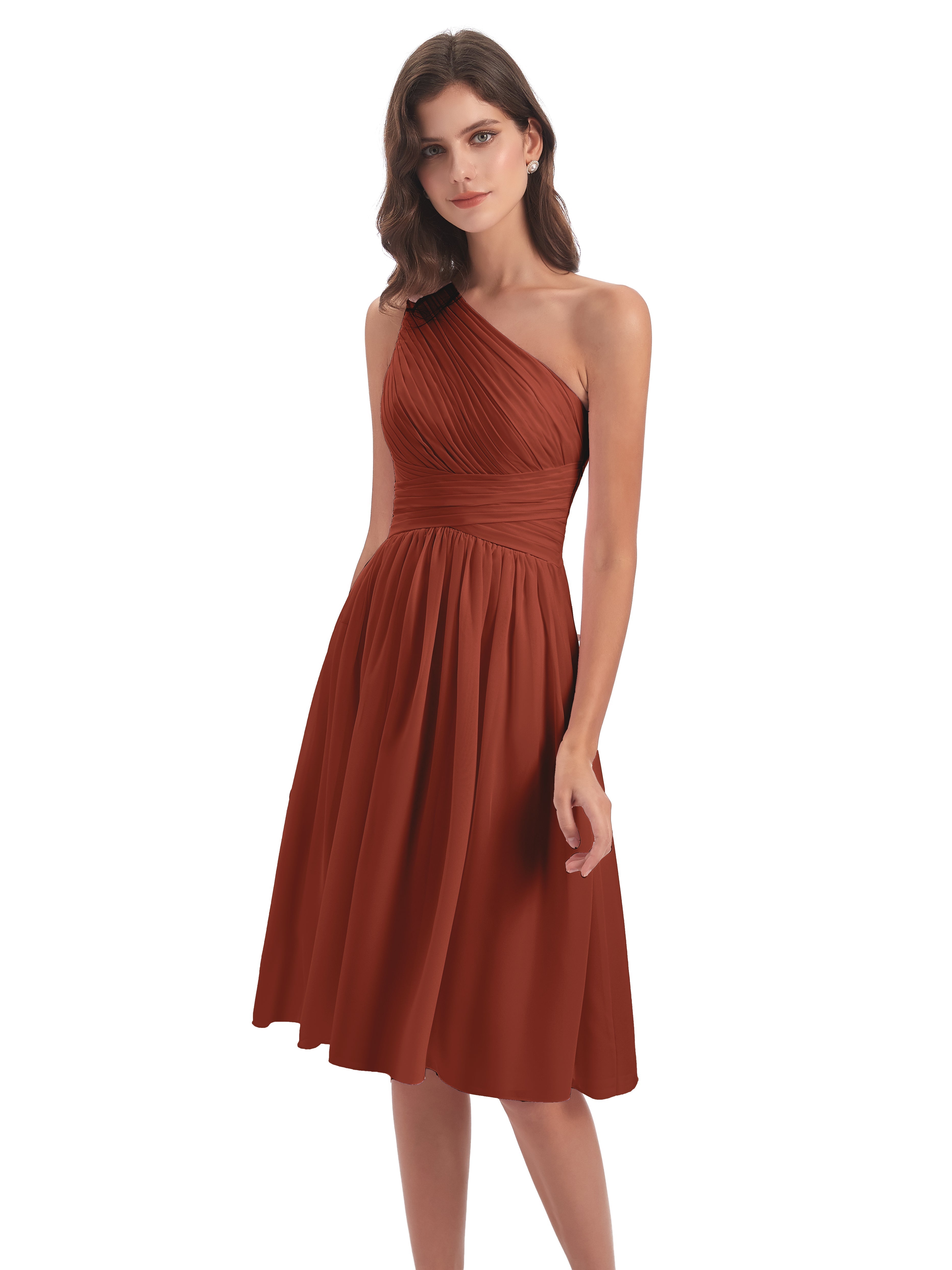 Robe Demoiselle D Honneur Rouille Seule-Épaule Longueur Genou Mousseline Robes Demoiselle D'Honneur