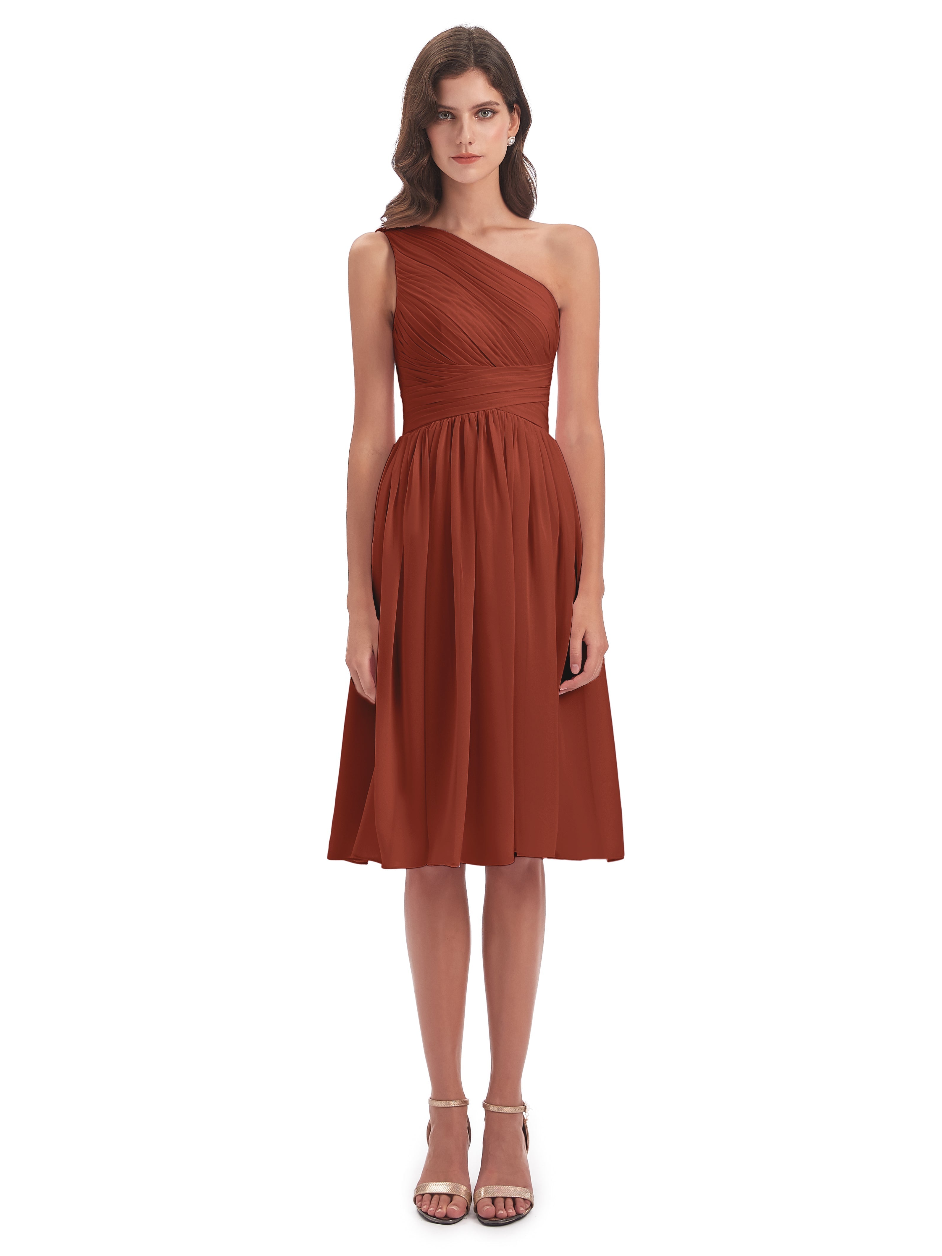Robe Demoiselle D Honneur Rouille Seule-Épaule Longueur Genou Mousseline Robes Demoiselle D'Honneur