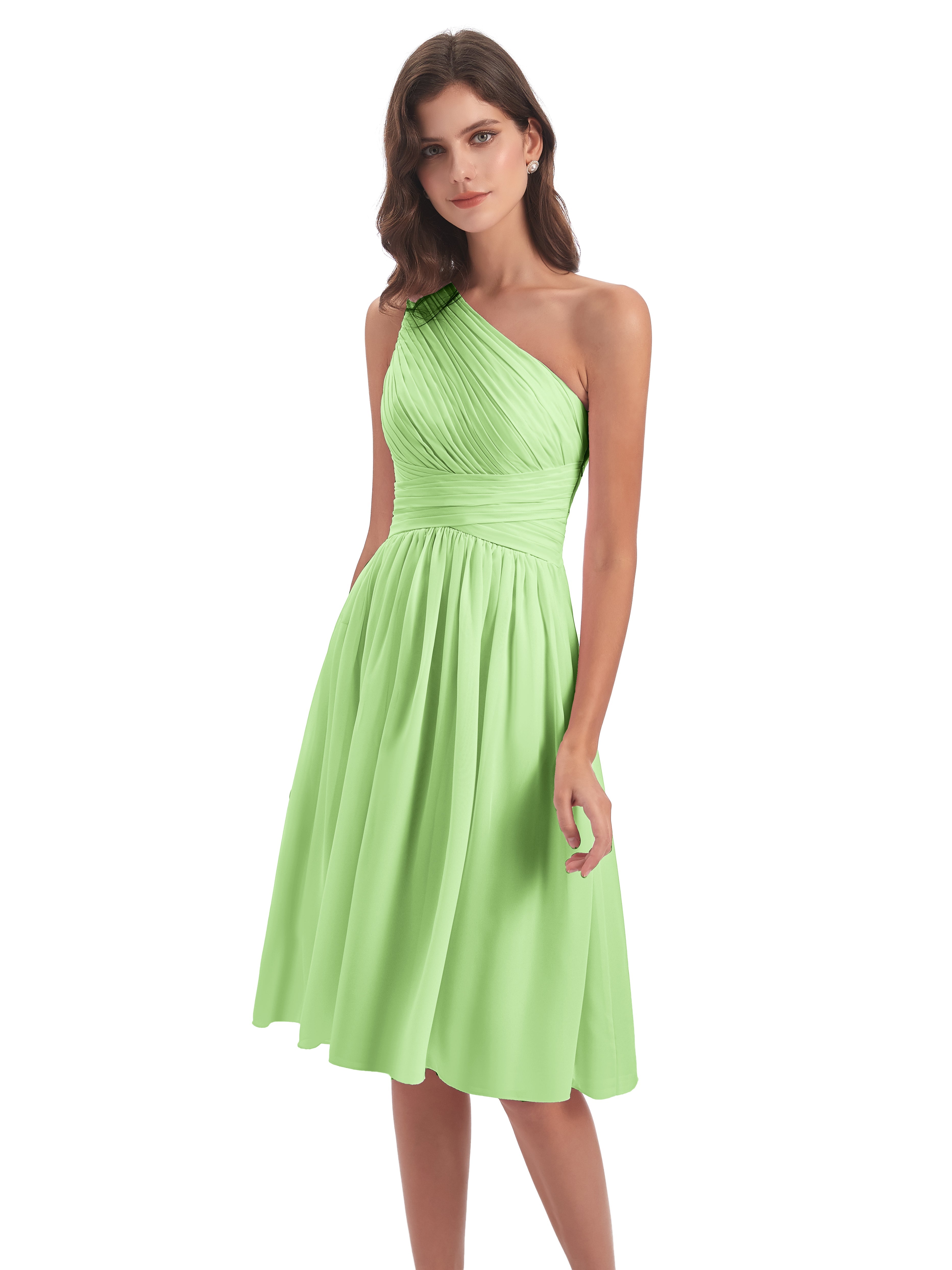 Robes Demoiselle D Honneur Vert Sauge Seule-Épaule Longueur Genou Mousseline Robes Demoiselle D'Honneur