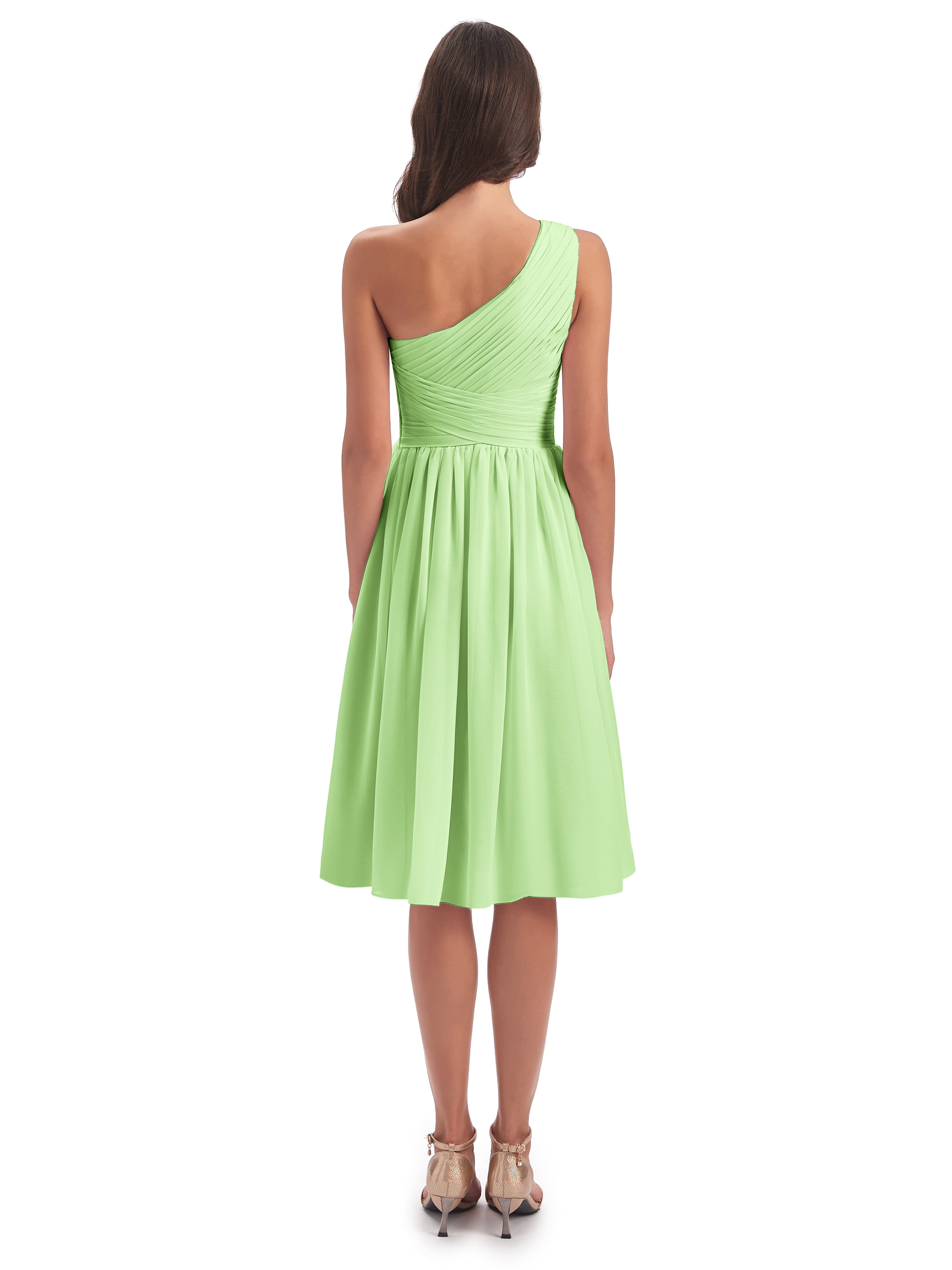 Robes Demoiselle D Honneur Vert Sauge Seule-Épaule Longueur Genou Mousseline Robes Demoiselle D'Honneur