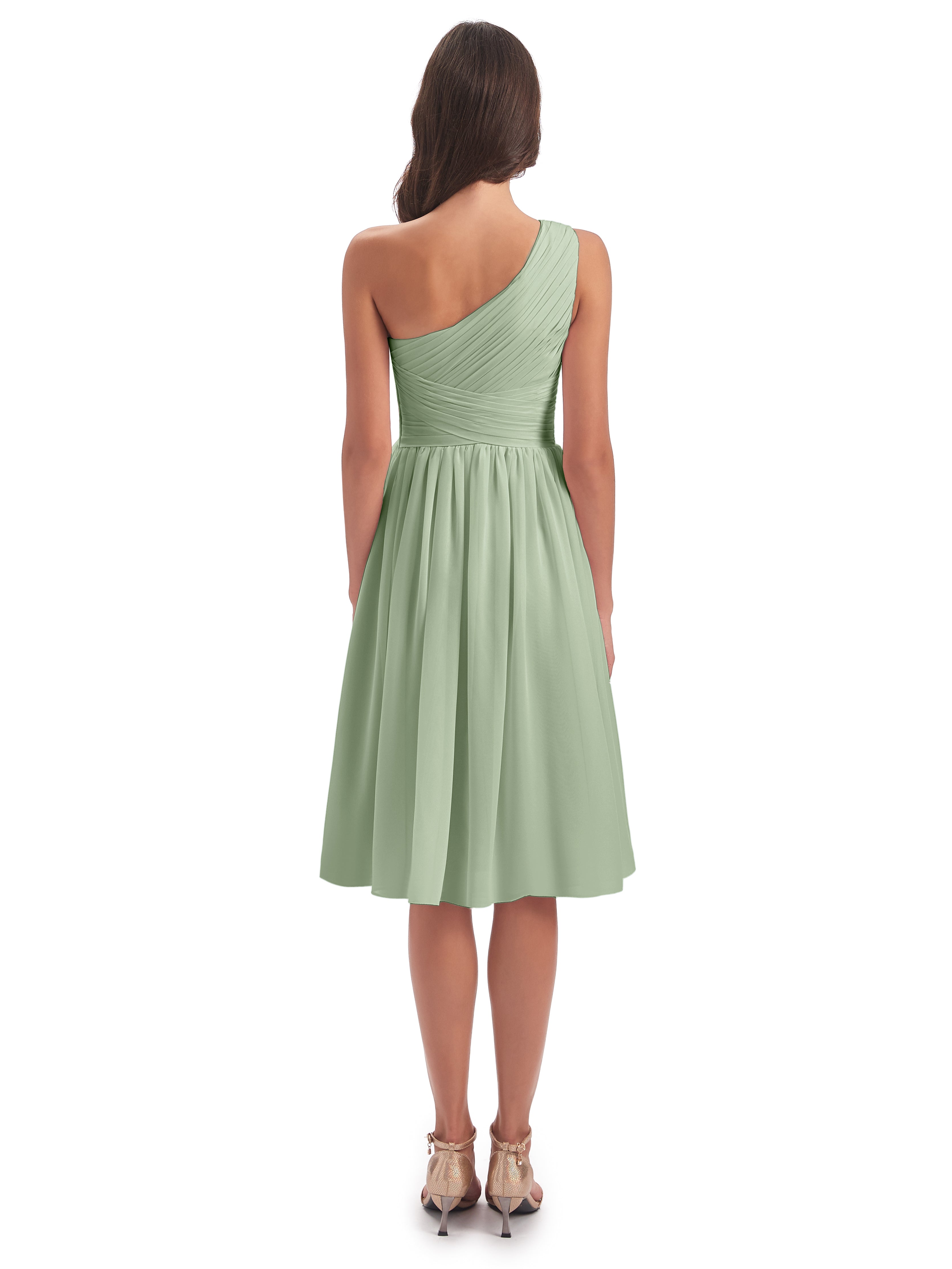 Robe Demoiselle D Honneur Sauge Poudrée Seule-Épaule Longueur Genou Mousseline Robes Demoiselle D'Honneur