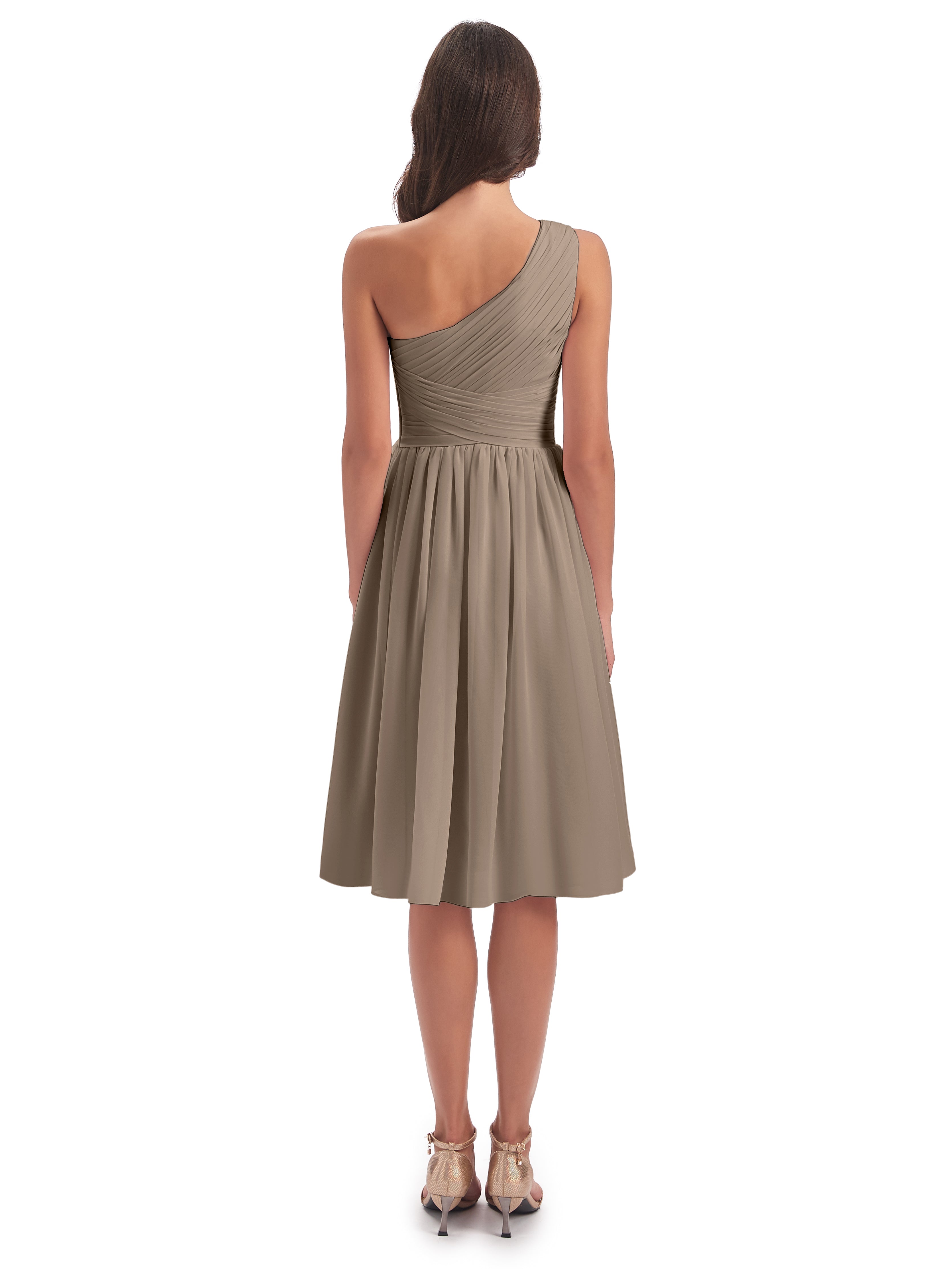 Robe Ceremonie Taupe Seule-Épaule Longueur Genou Mousseline Robes Demoiselle D'Honneur