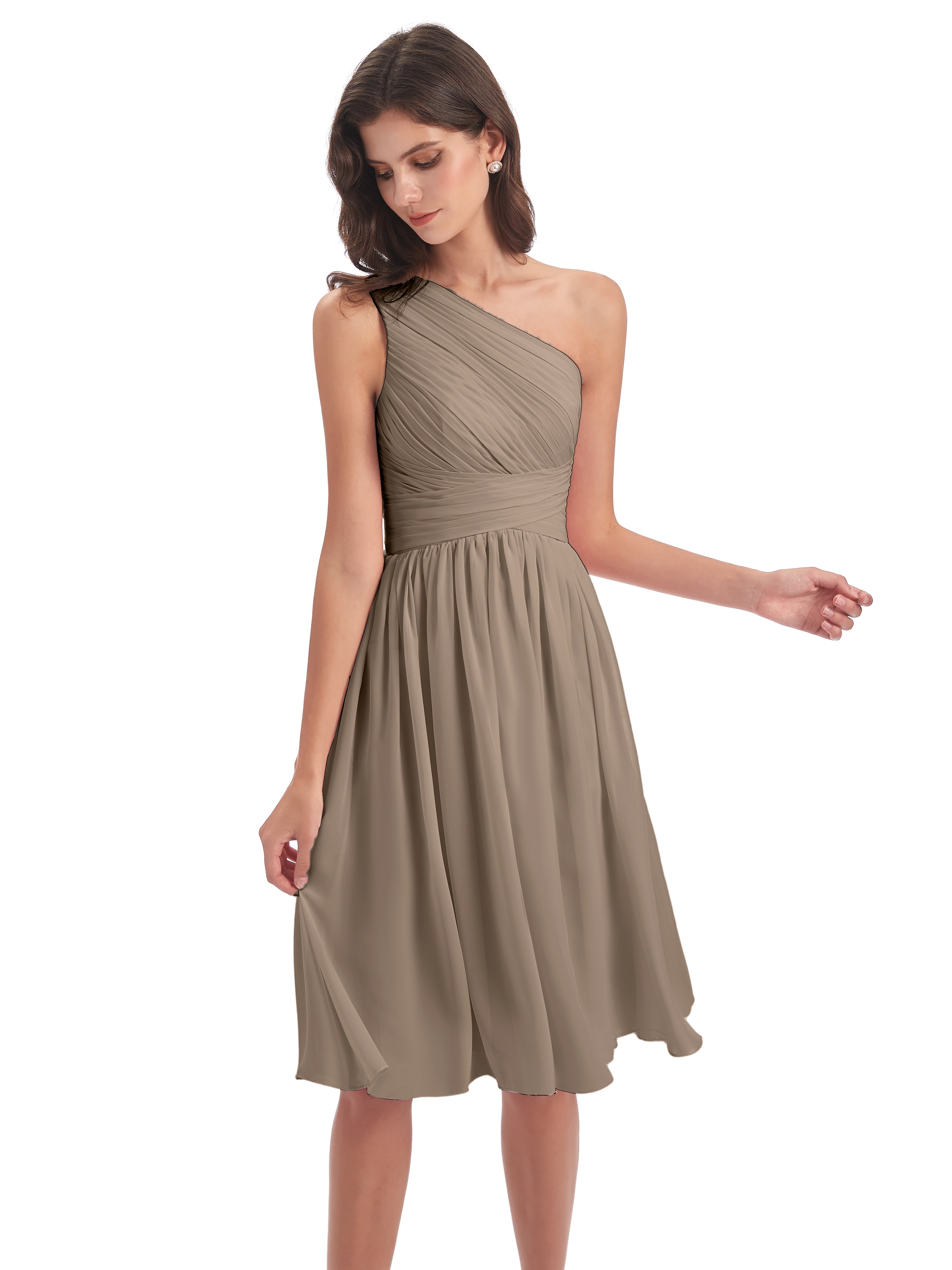 Robe Ceremonie Taupe Seule-Épaule Longueur Genou Mousseline Robes Demoiselle D'Honneur