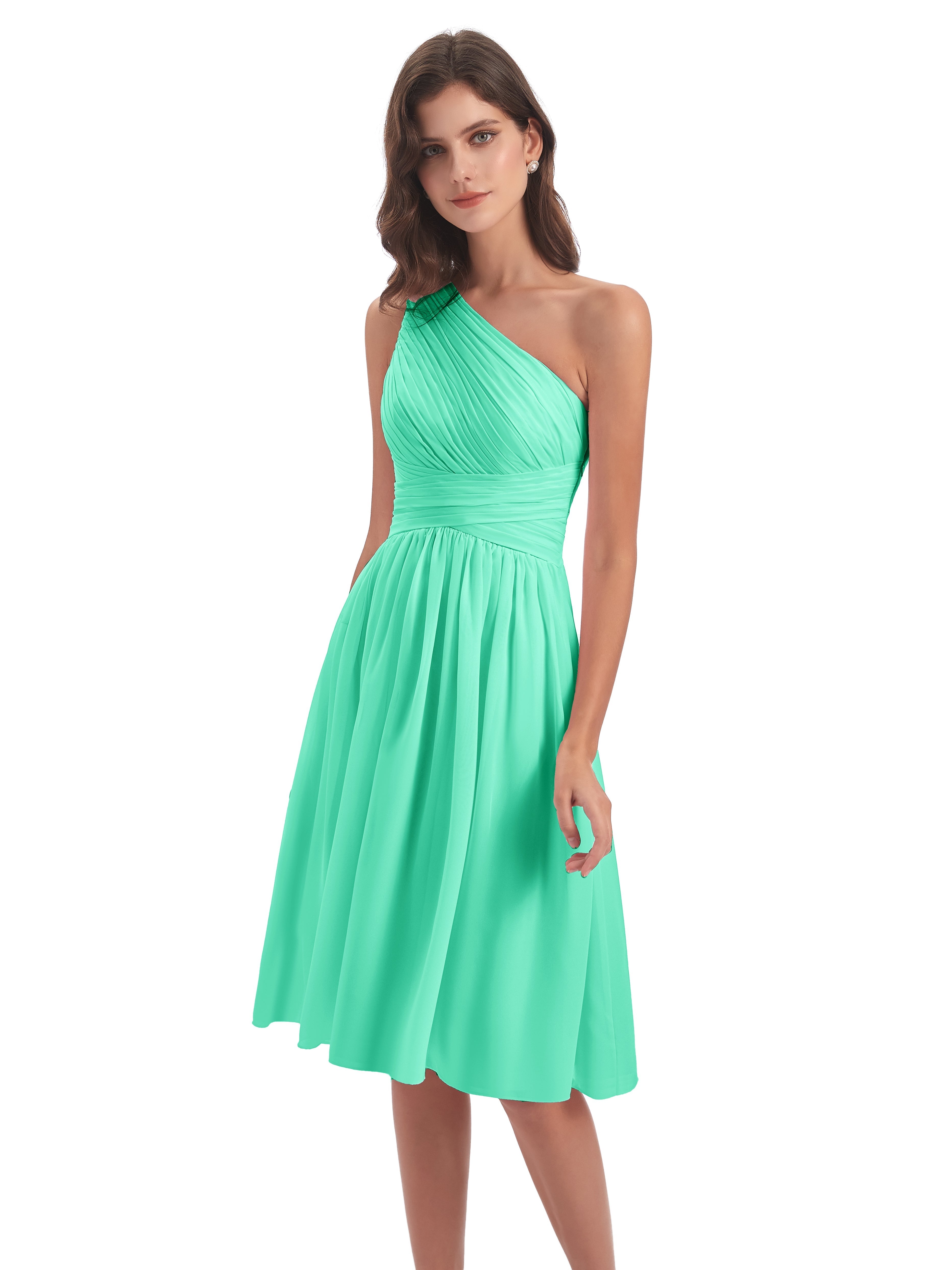 Robes De Demoiselle D'Honneur Bleu Turquoise Seule-Épaule Longueur Genou Mousseline Robes Demoiselle D'Honneur