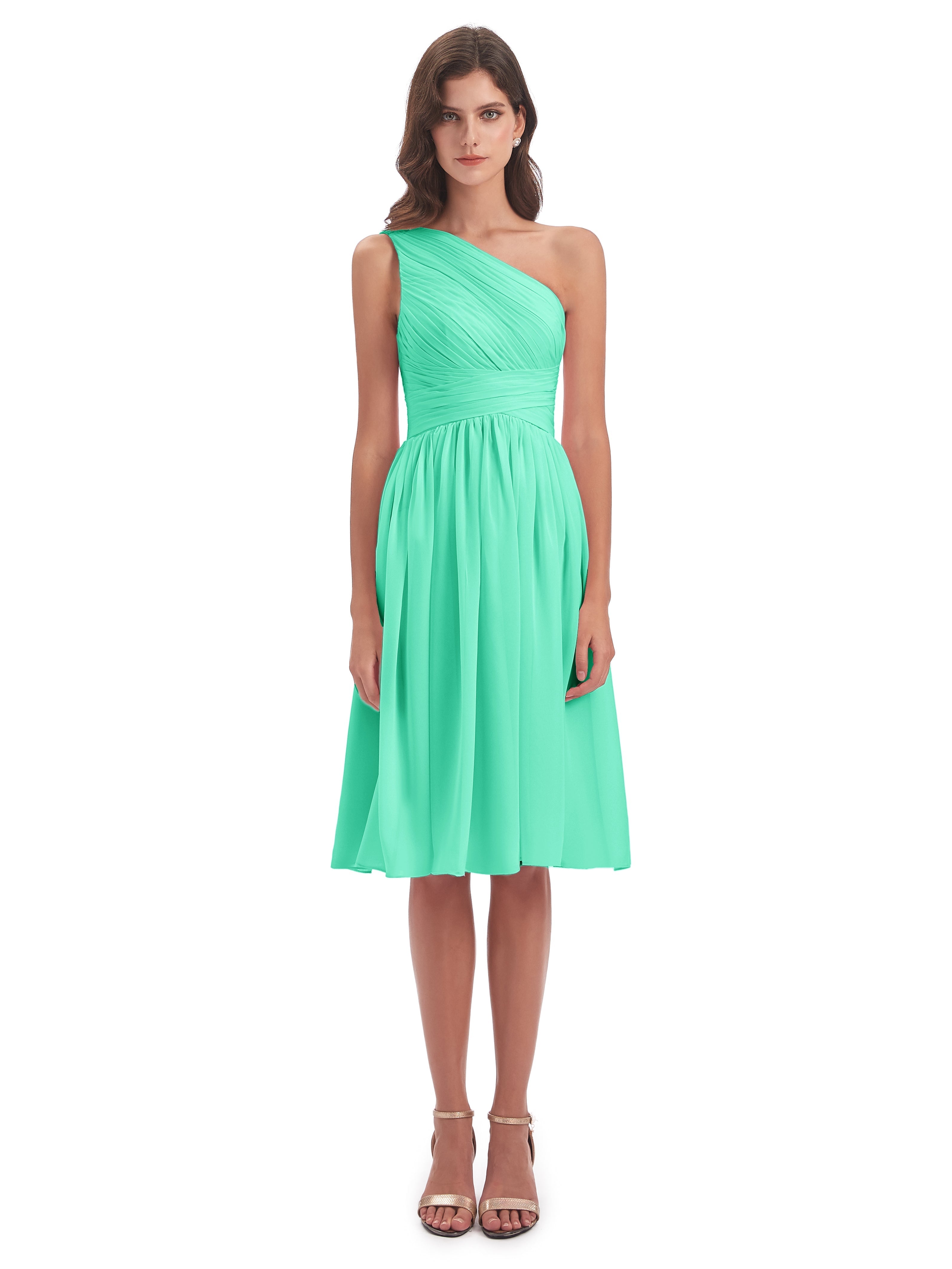 Robes De Demoiselle D'Honneur Bleu Turquoise Seule-Épaule Longueur Genou Mousseline Robes Demoiselle D'Honneur