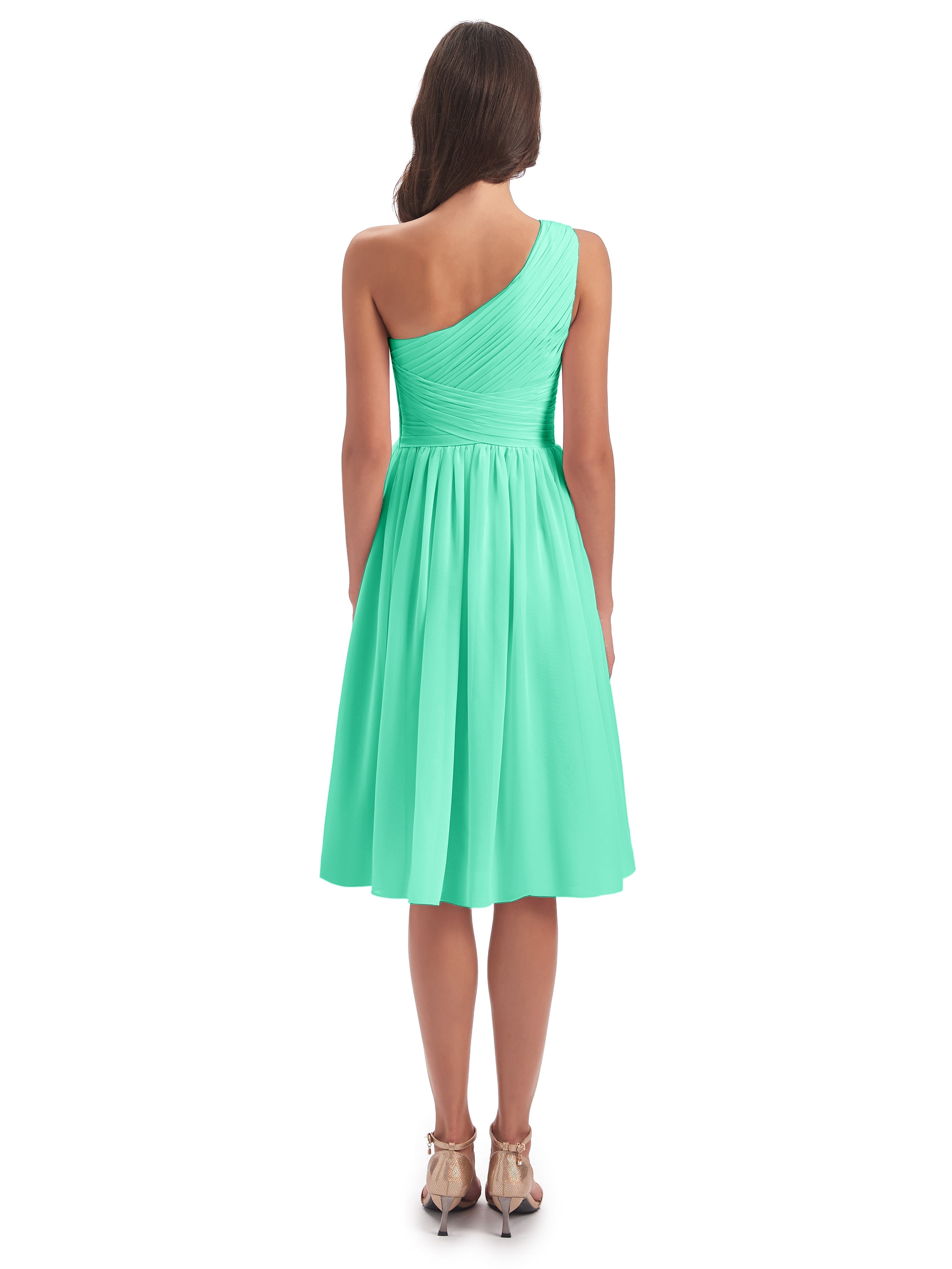 Robes De Demoiselle D'Honneur Bleu Turquoise Seule-Épaule Longueur Genou Mousseline Robes Demoiselle D'Honneur