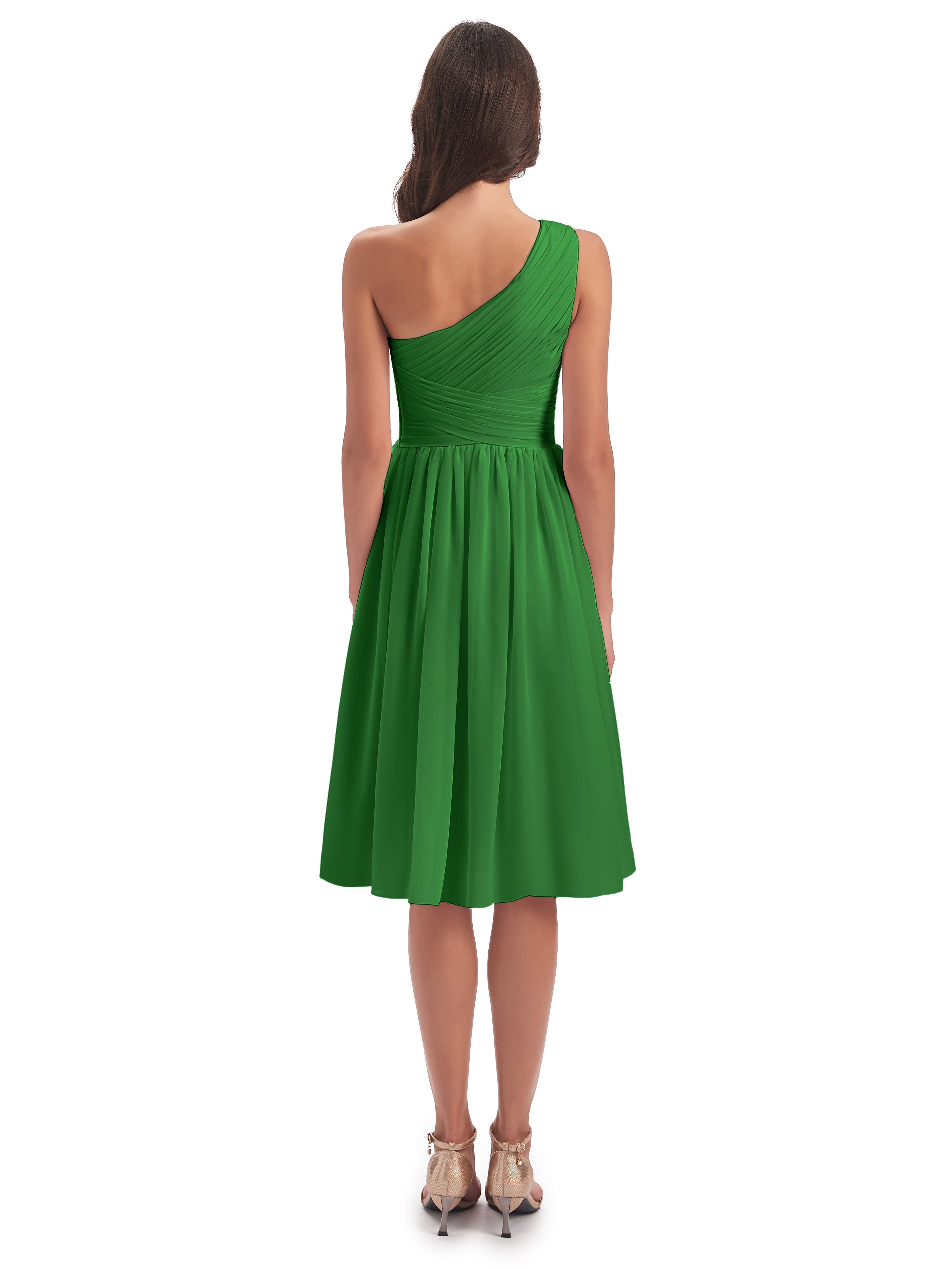 Robe De Demoiselle D Honneur Vert Seule-Épaule Longueur Genou Mousseline Robes Demoiselle D'Honneur