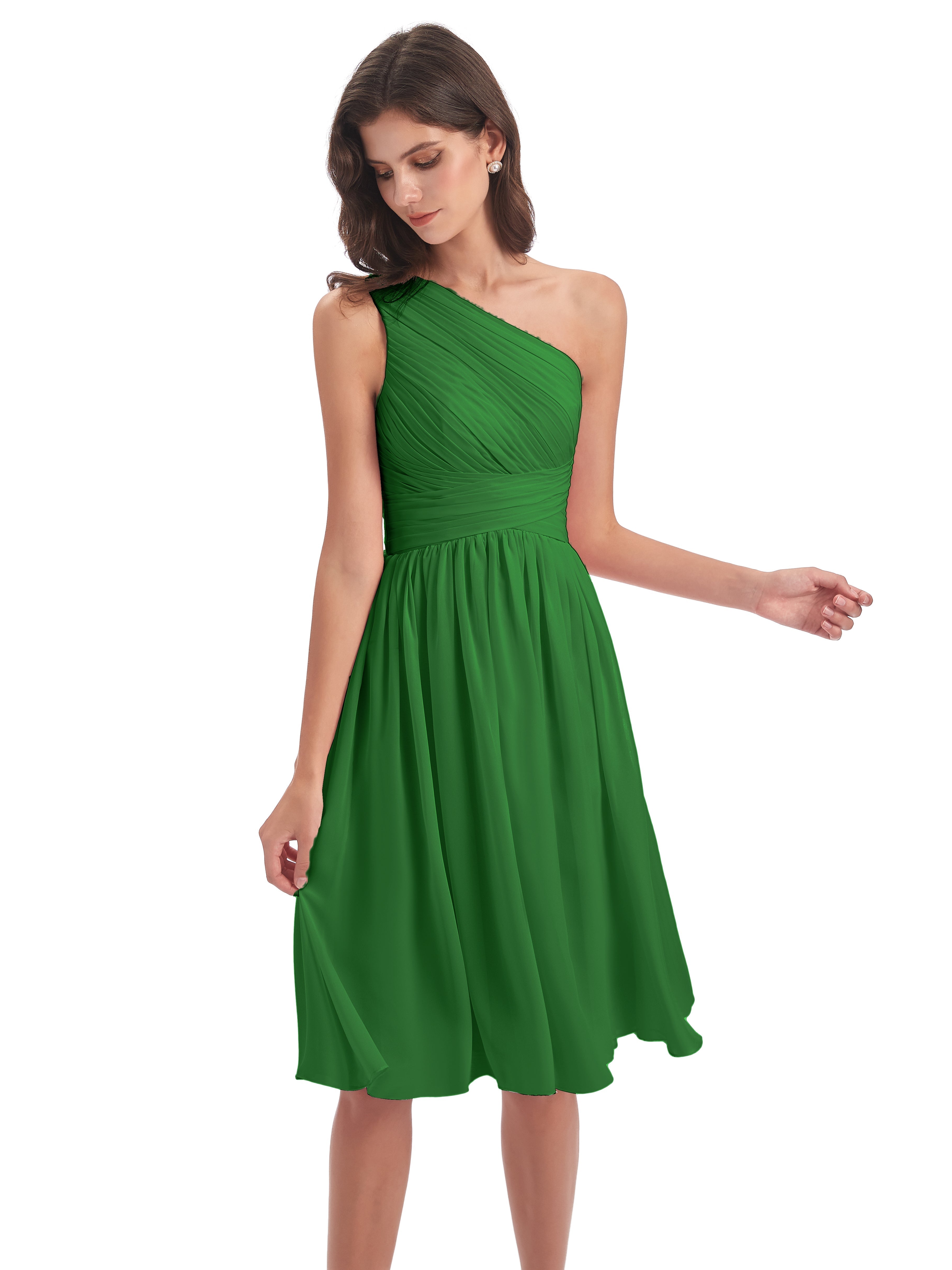 Robe De Demoiselle D Honneur Vert Seule-Épaule Longueur Genou Mousseline Robes Demoiselle D'Honneur