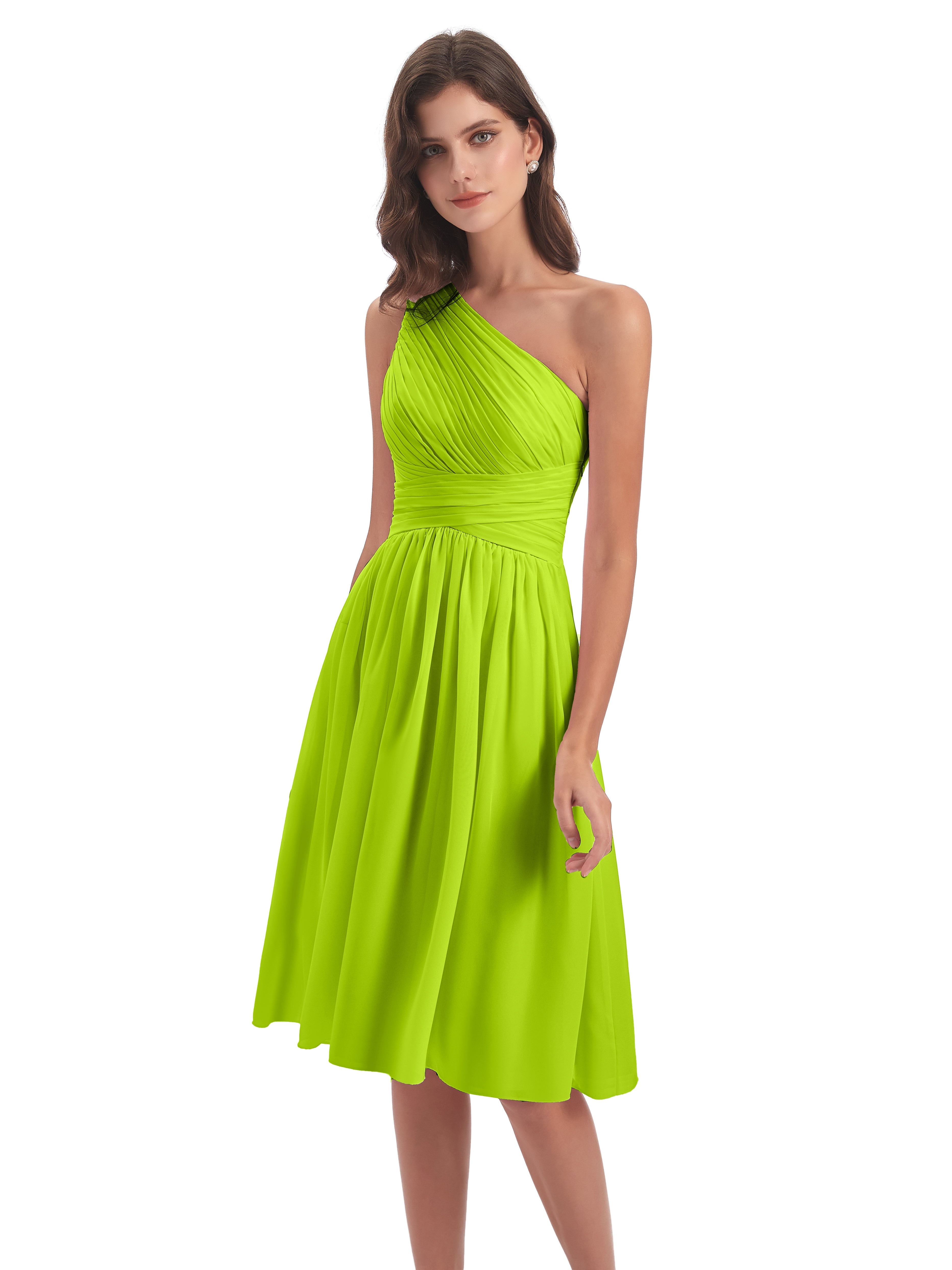 Robes De Demoiselle D'Honneur Vert Citron Seule-Épaule Longueur Genou Mousseline Robes Demoiselle D'Honneur