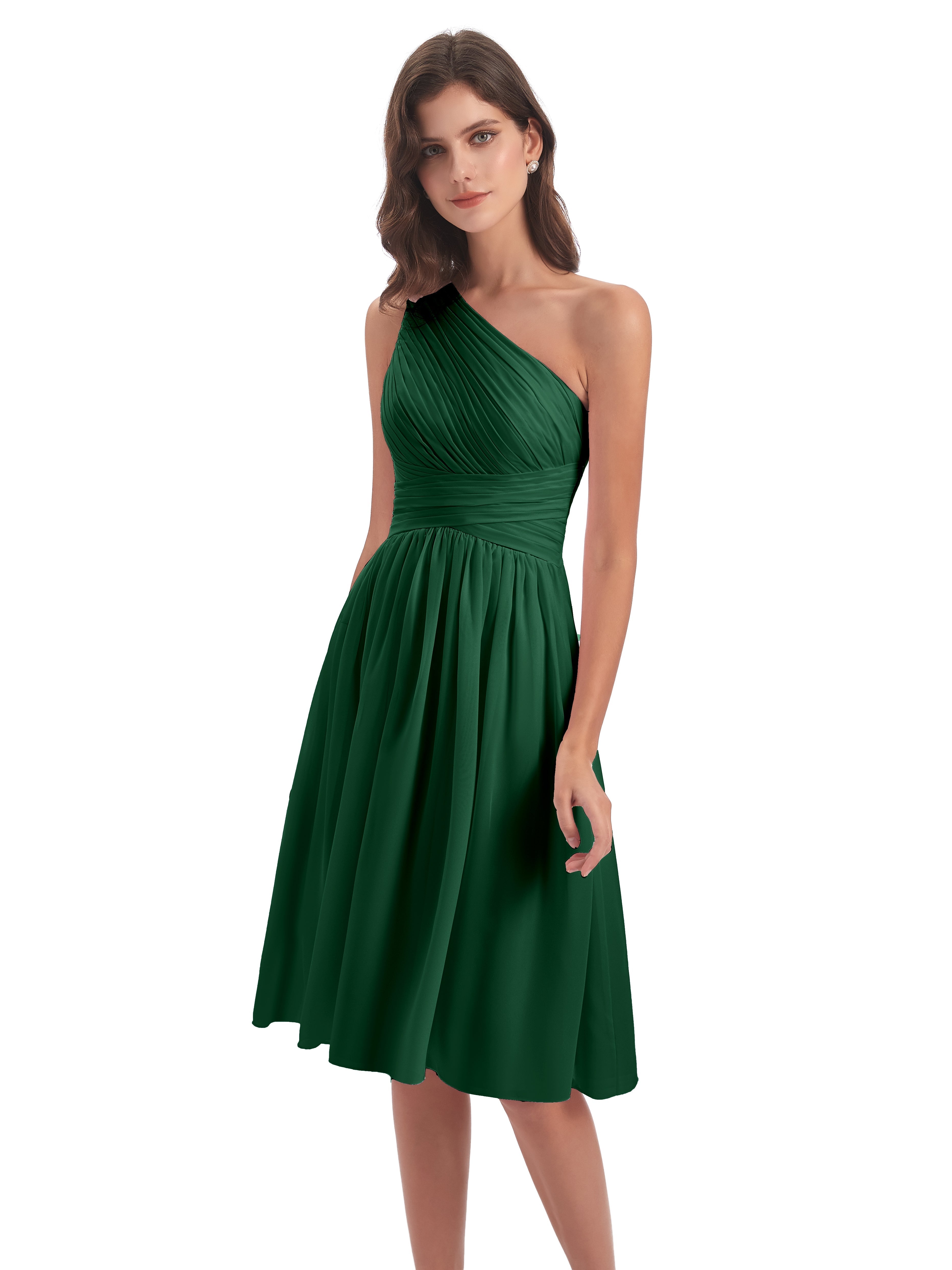 Demoiselle D'Honneur Vert Foncé Seule-Épaule Longueur Genou Mousseline Robes Demoiselle D'Honneur