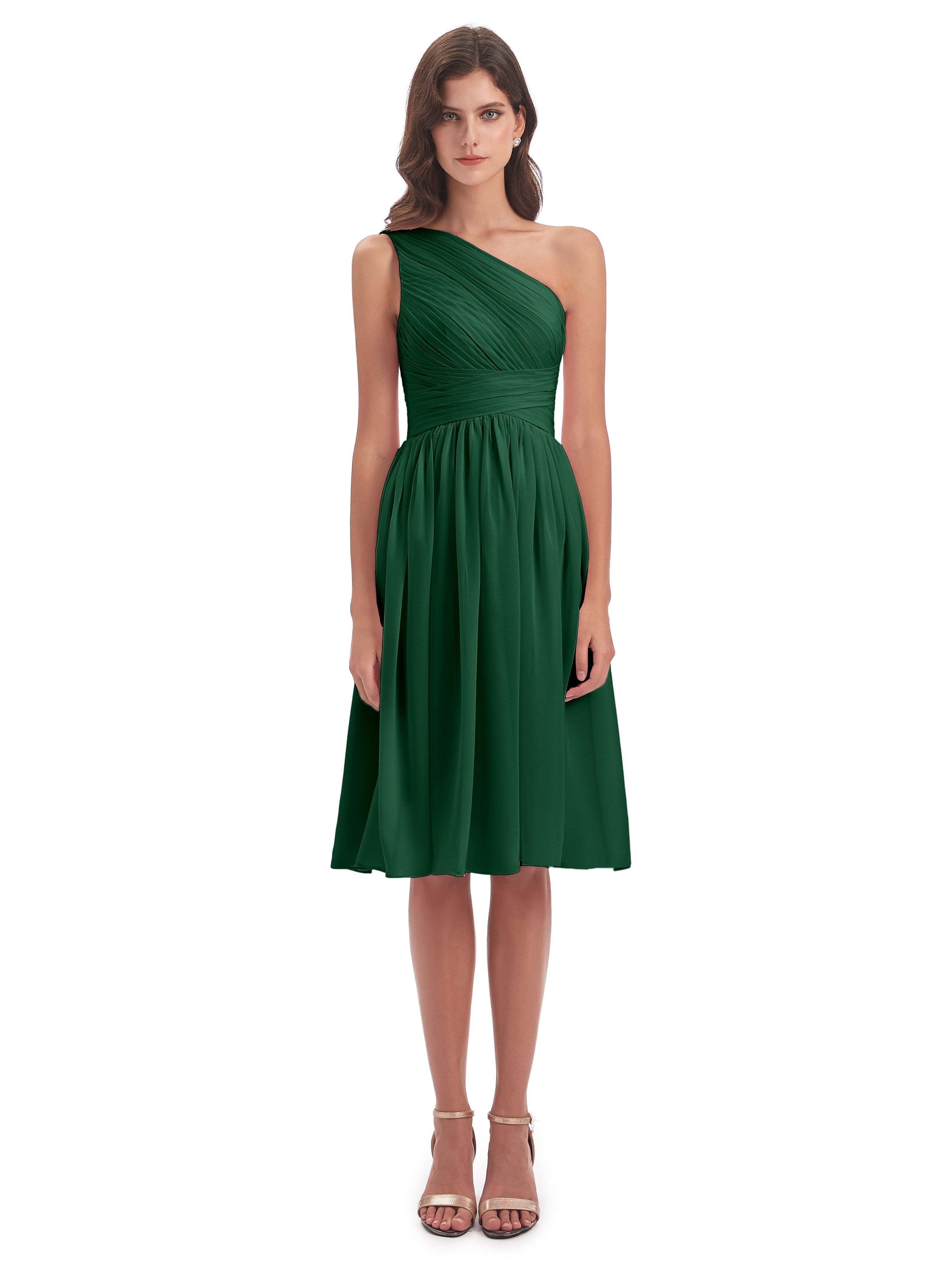 Demoiselle D'Honneur Vert Foncé Seule-Épaule Longueur Genou Mousseline Robes Demoiselle D'Honneur
