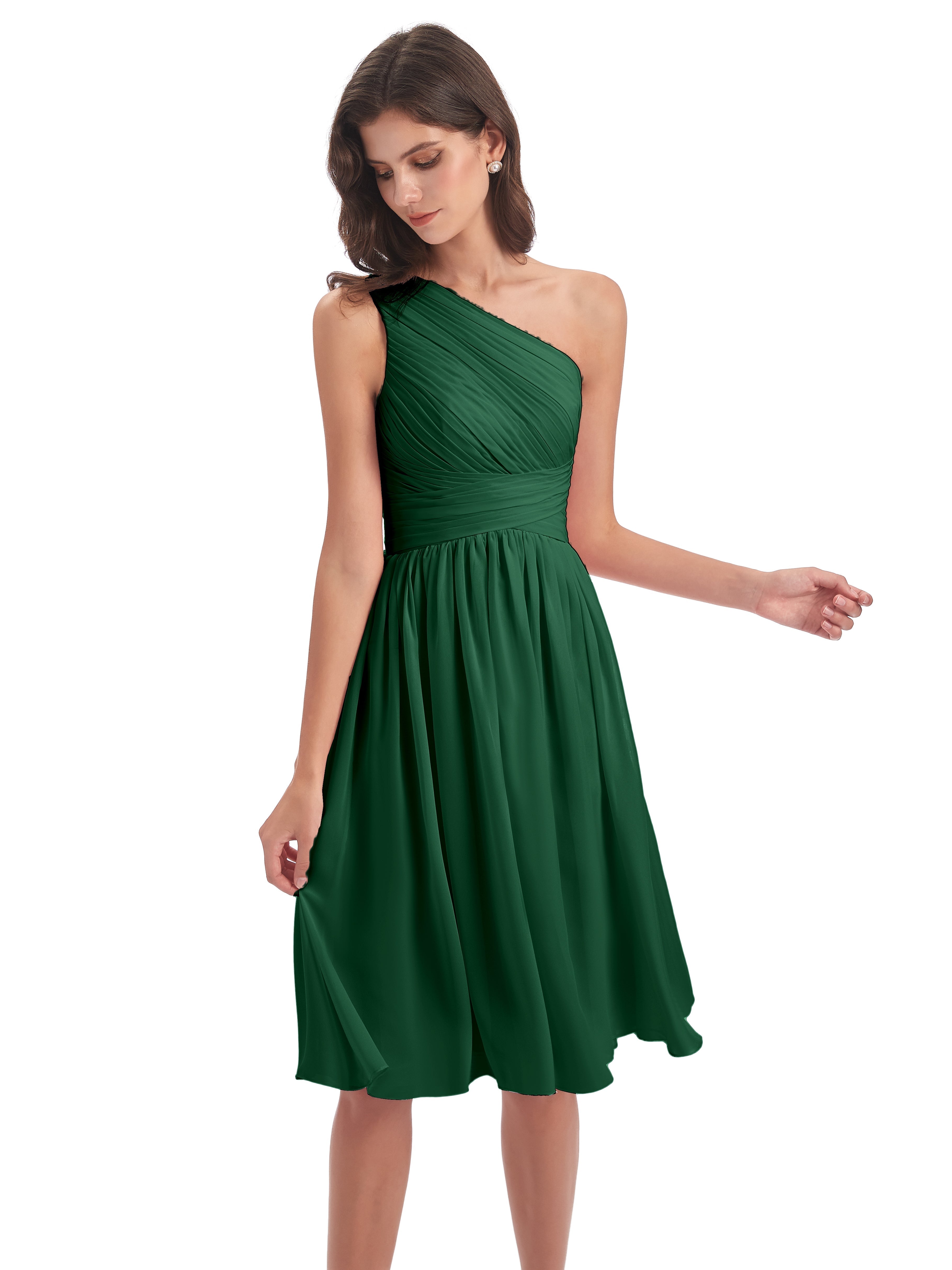 Demoiselle D'Honneur Vert Foncé Seule-Épaule Longueur Genou Mousseline Robes Demoiselle D'Honneur