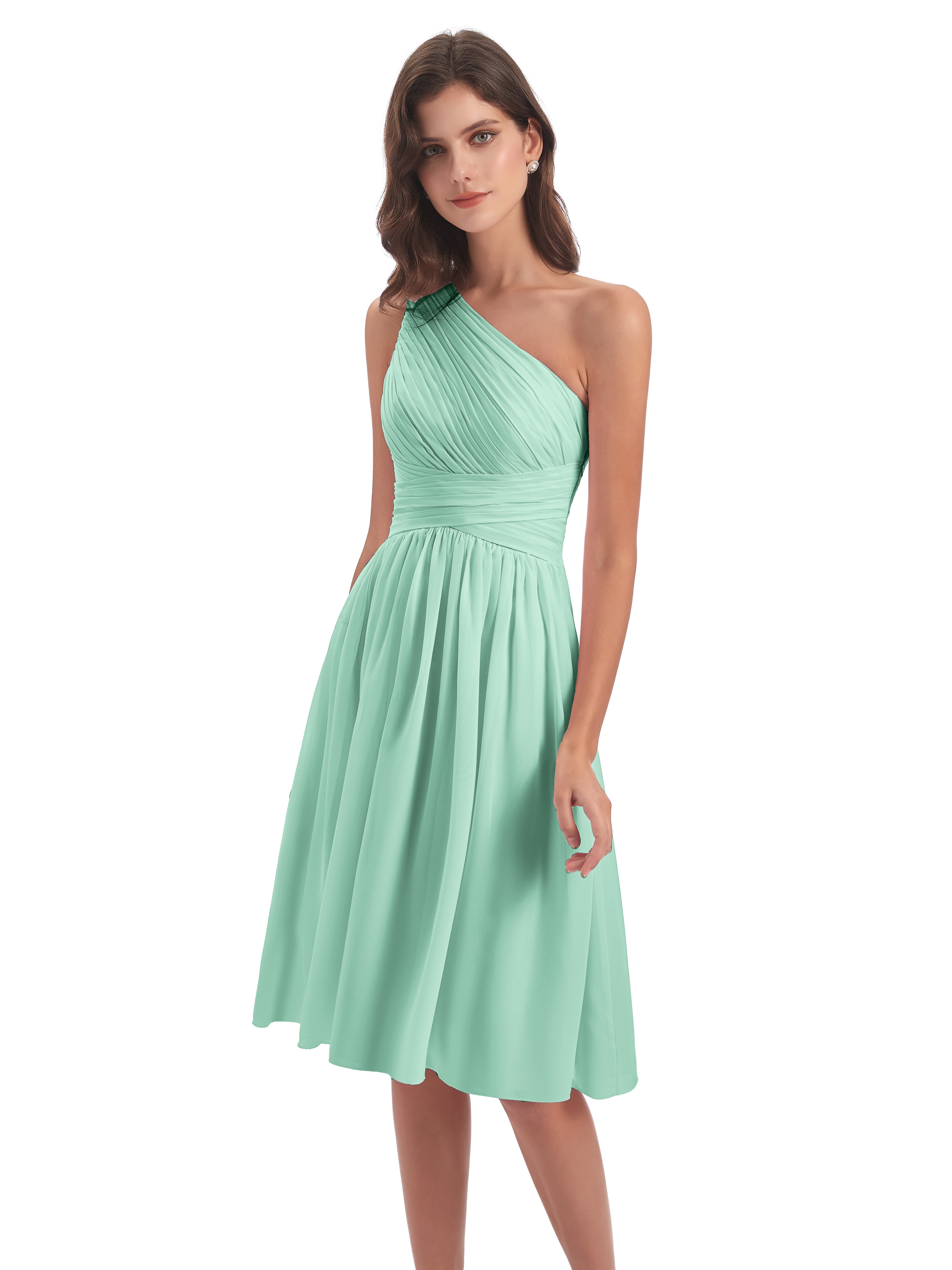 Robe Vert Menthe Demoiselle D Honneur Seule-Épaule Longueur Genou Mousseline Robes Demoiselle D'Honneur