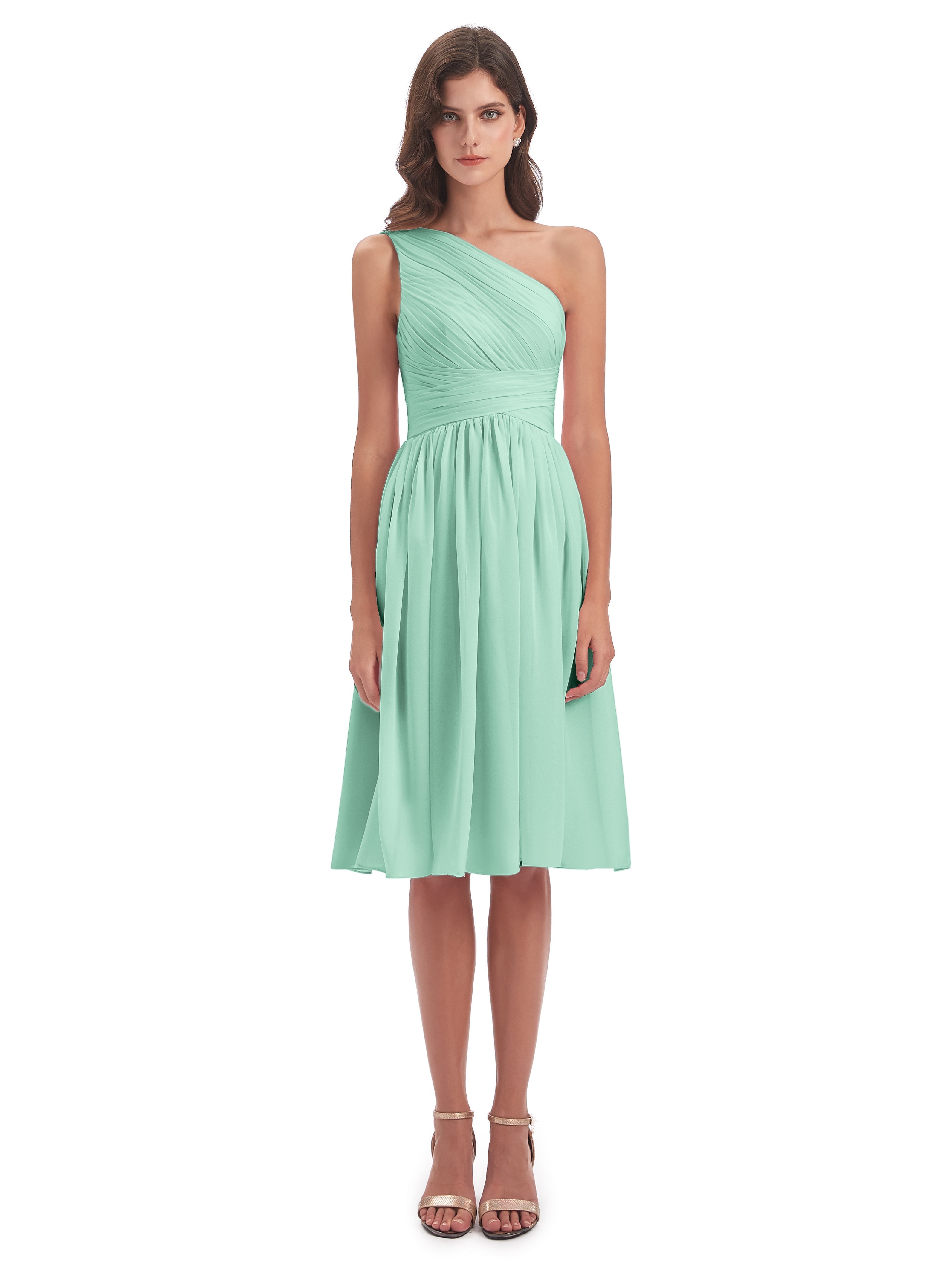 Robe Vert Menthe Demoiselle D Honneur Seule-Épaule Longueur Genou Mousseline Robes Demoiselle D'Honneur