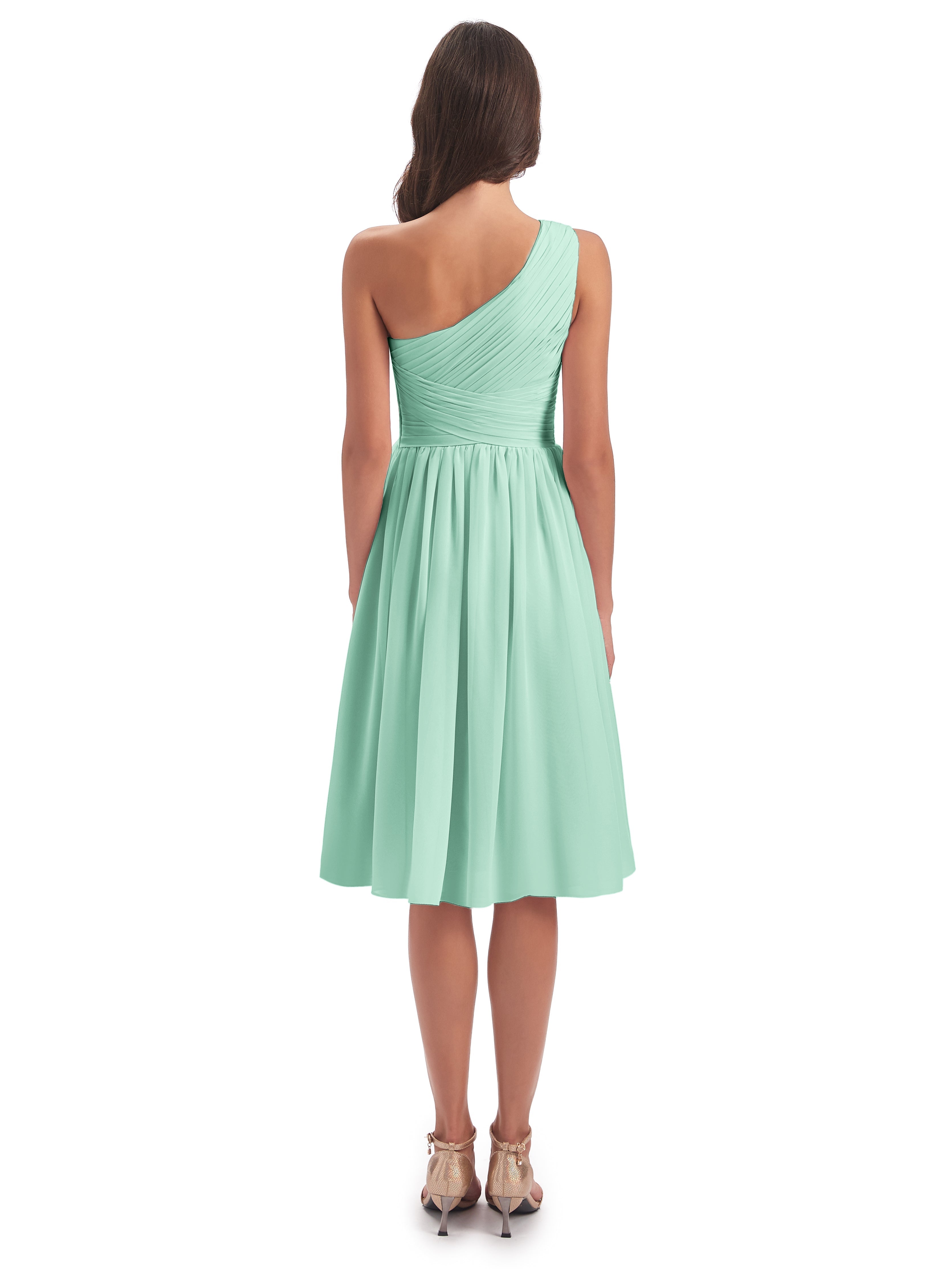 Robe Vert Menthe Demoiselle D Honneur Seule-Épaule Longueur Genou Mousseline Robes Demoiselle D'Honneur