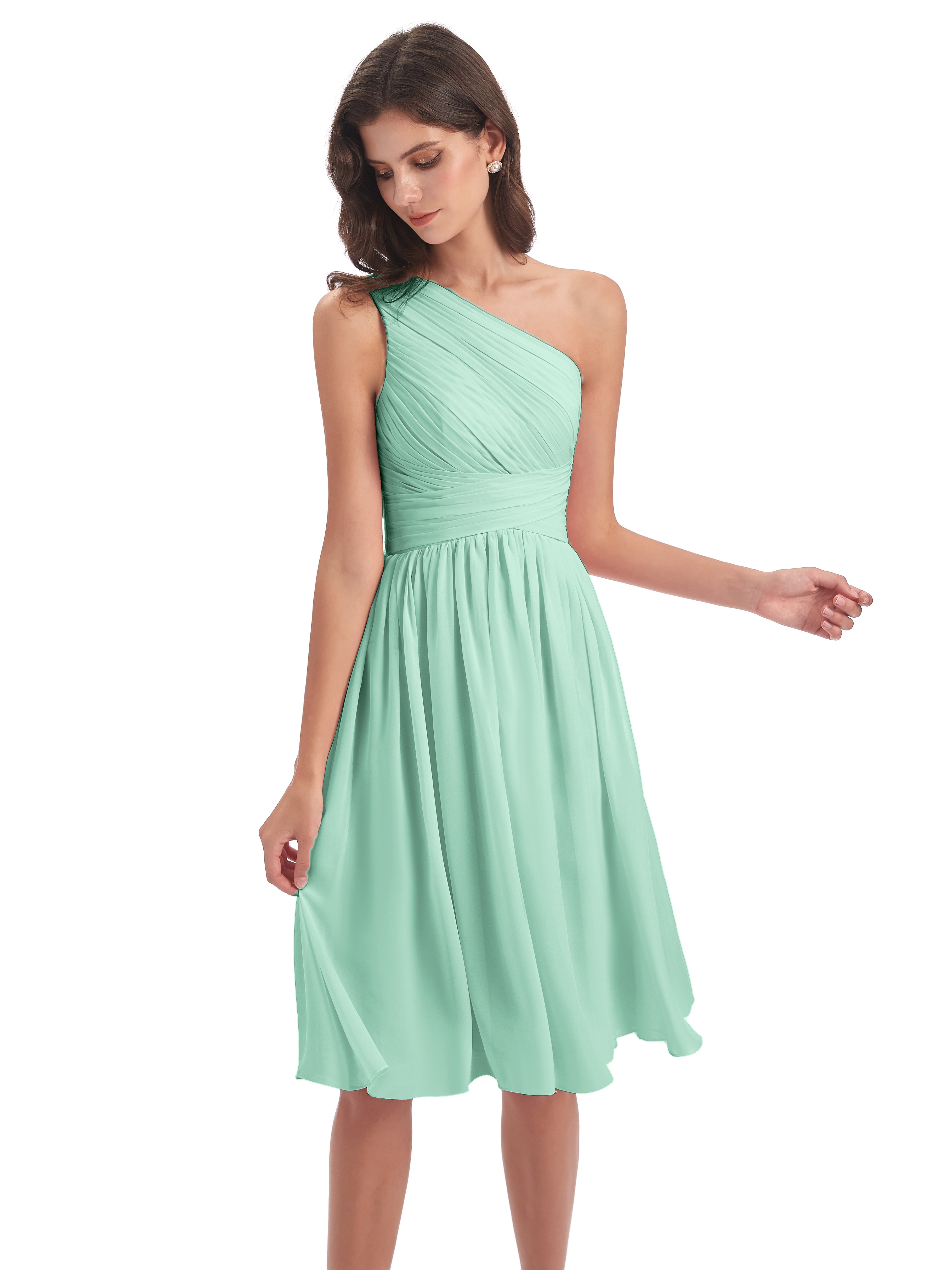 Robe Vert Menthe Demoiselle D Honneur Seule-Épaule Longueur Genou Mousseline Robes Demoiselle D'Honneur