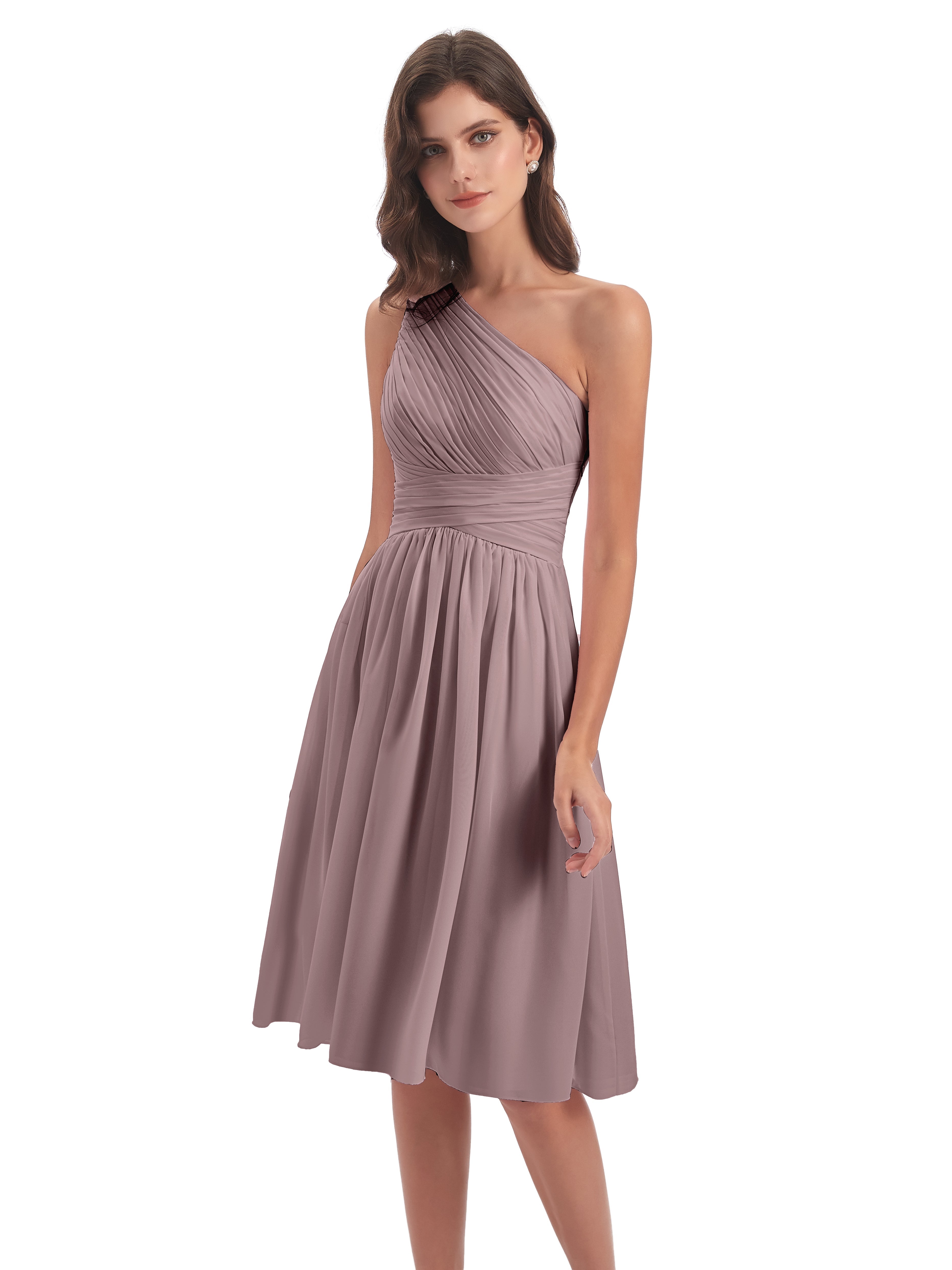 Robes De Demoiselle D'Honneur Vintage Mauve Seule-Épaule Longueur Genou Mousseline Robes Demoiselle D'Honneur
